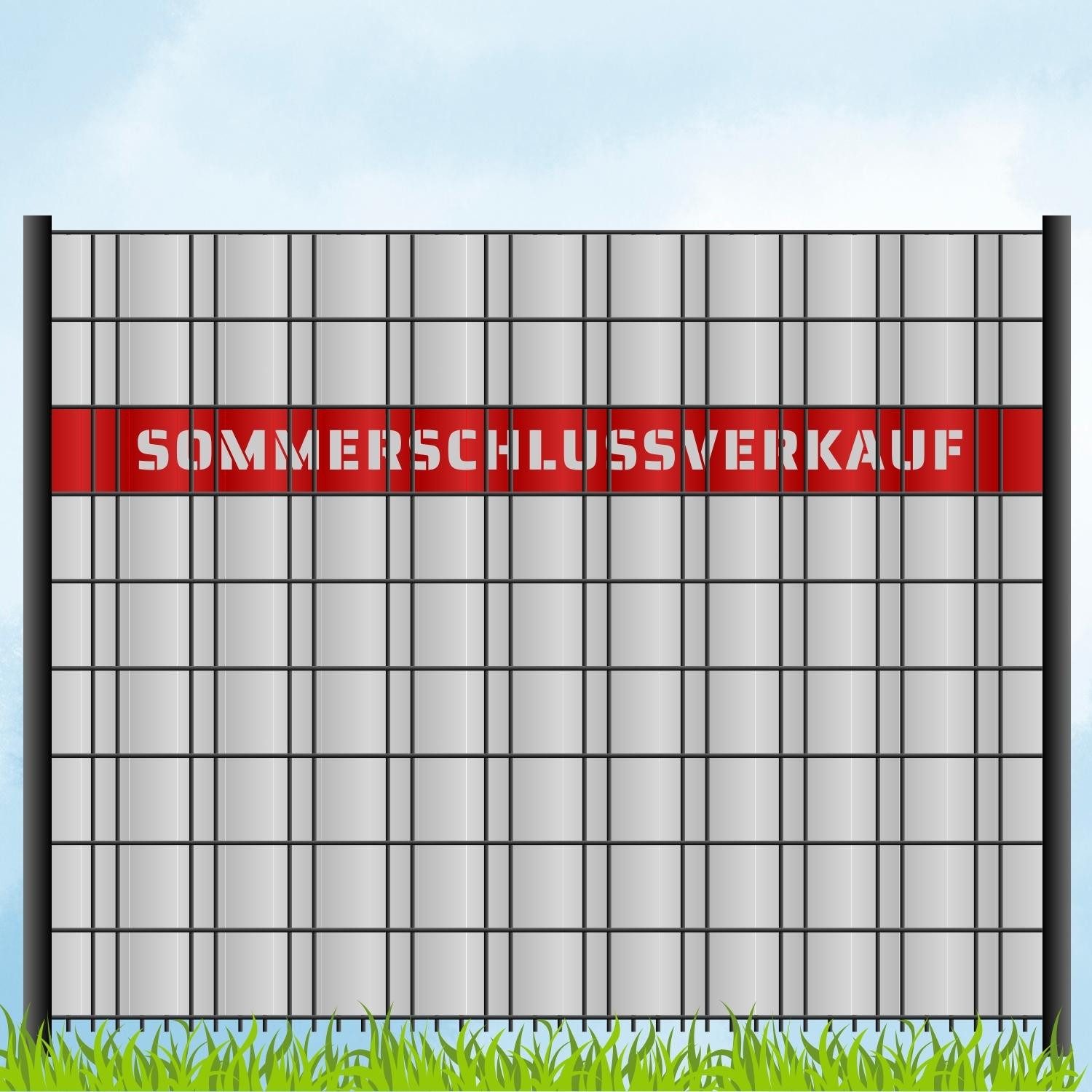 zaunzu Sichtschutzstreifen Laser Beschriftung "SOMMERSCHLUSSVERKAUF" Rot, (1x Einzelstreifen, für Doppelstabmattenzaun), Made in Germany