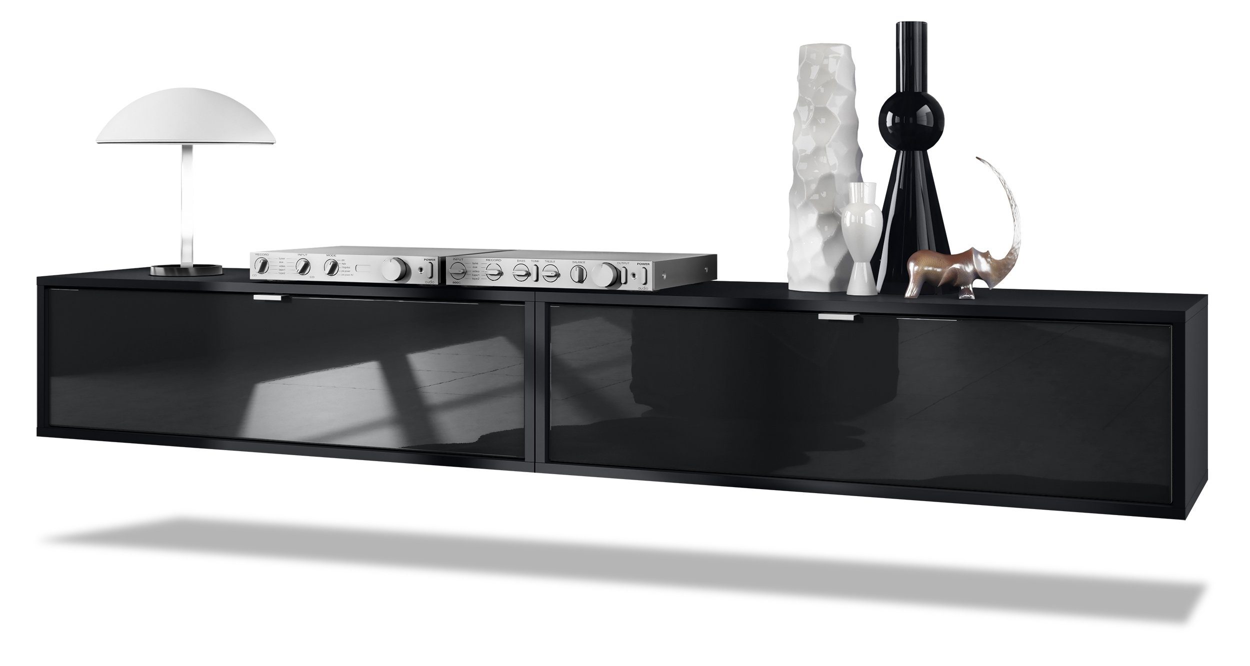 Vladon Lowboard Lana 1000 (2er-Set Tv-Kommode, mit Klappe), Schwarz matt/Schwarz Hochglanz (100 x 29 x 37 cm)