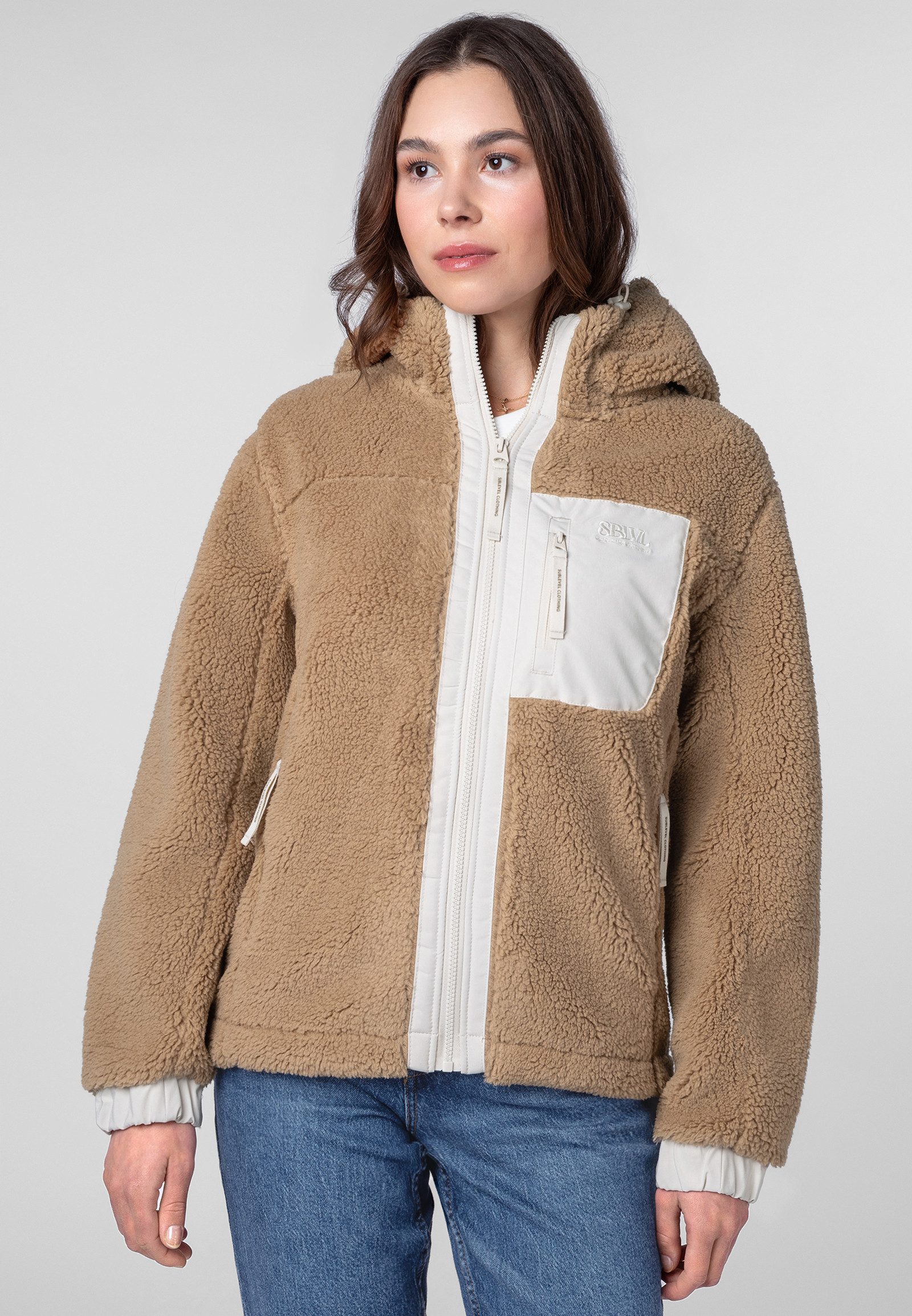 SUBLEVEL Fleecejacke Sublevel Damen Fleecejacke mit Kapuze Bonded Fleece, Kontrast-Details, Reißverschlusstaschen