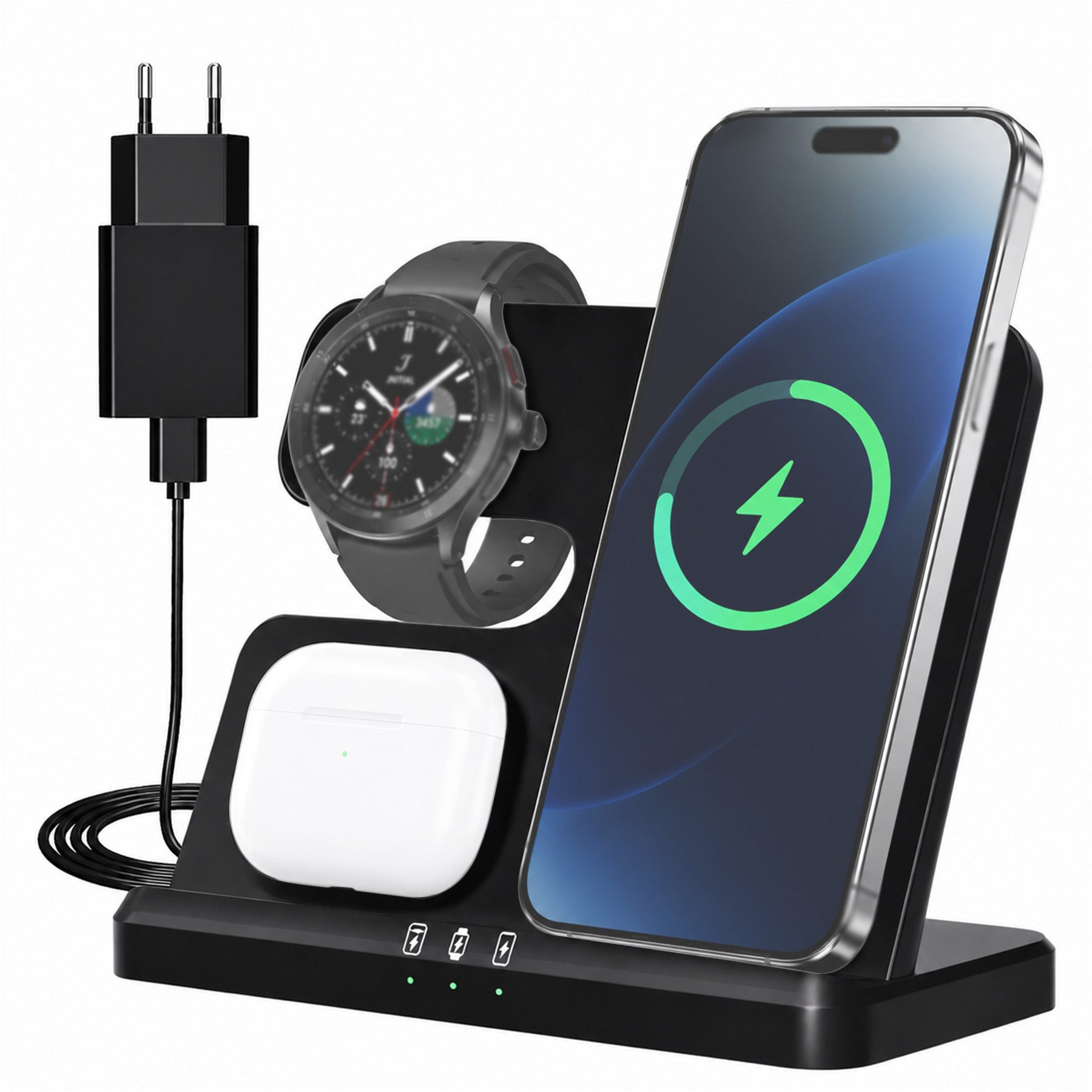 Senmudi 3 in 1 Kabellose Ladestation 15W - Ohne Kabelchaos Induktions-Ladegerät (Schnelles Kabelloses Ladegerät Handy Ständer handyhalterung, Für Samsung Galaxy/Galaxy Watch/Xiaomi/Note/Galaxy Buds/AirPods, iPhone - Ultra Handy-Ladestation,für alle Qi-fäh