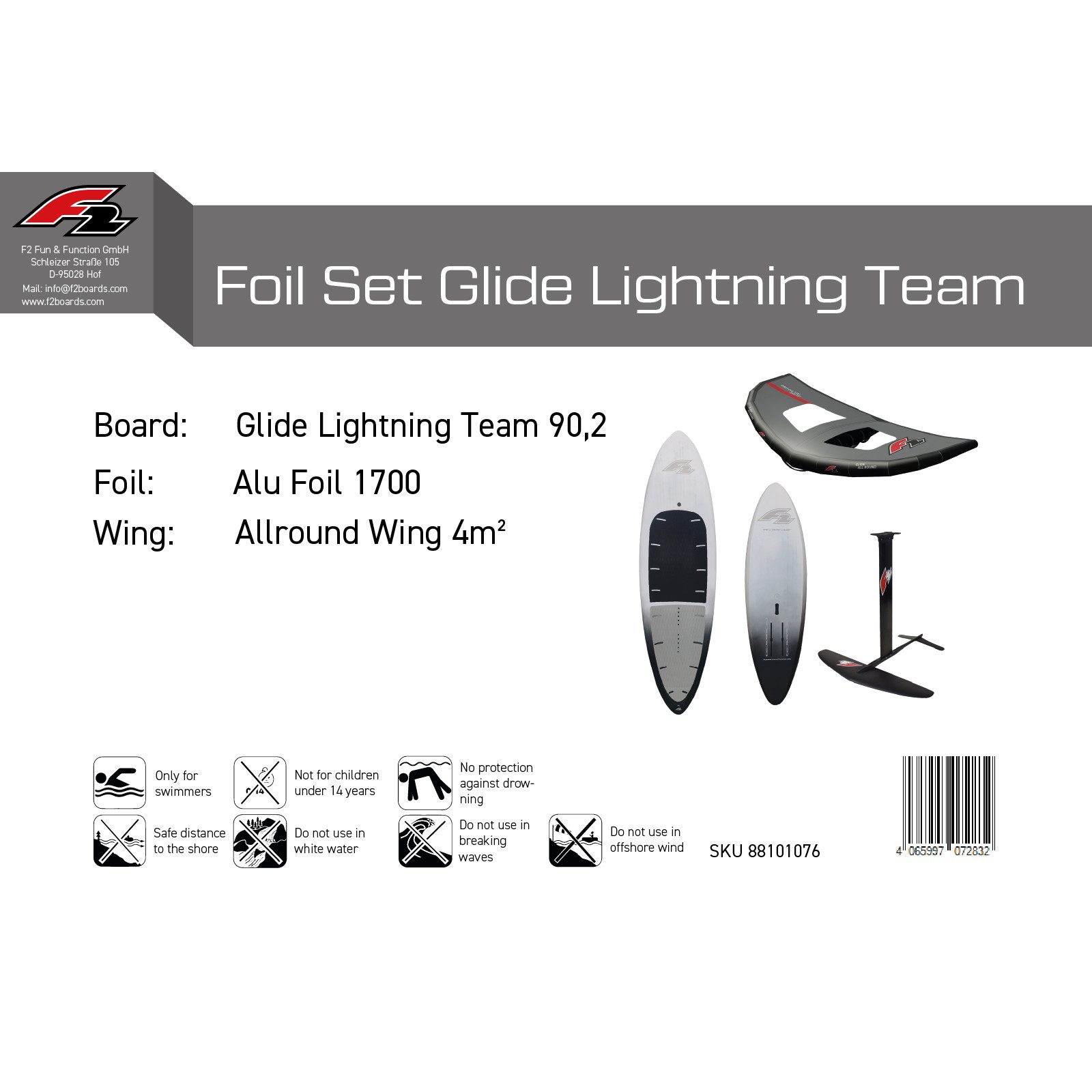 F2 Kiteboard F2 Set Foilboard Lightning Weiss 90,2L + Alu Foil 1700 + Wing 4qm
