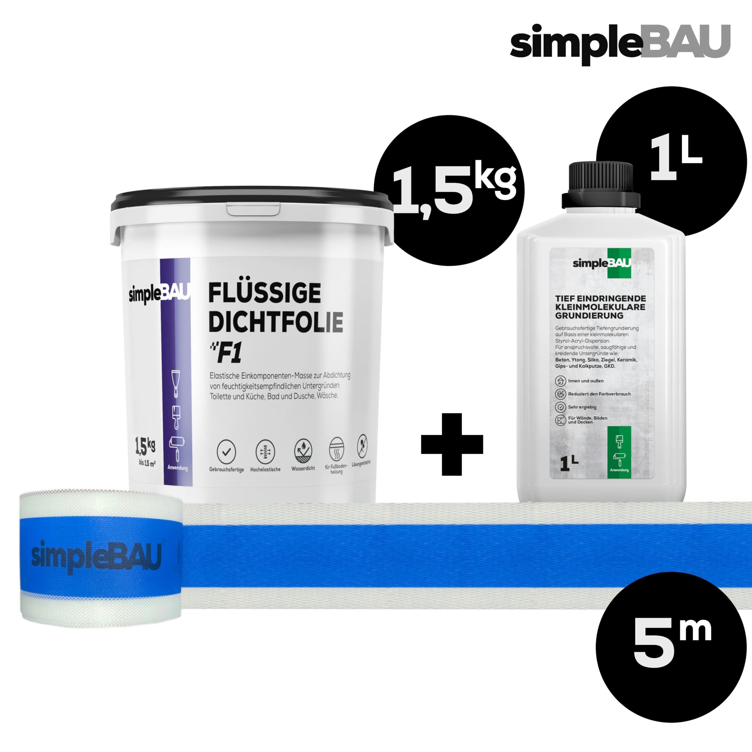 simpleBAU Dichtstoff Flüssigfolie F1 1,5 kg + Tiefengrund 1 L und Elastisches Dichtband 5M