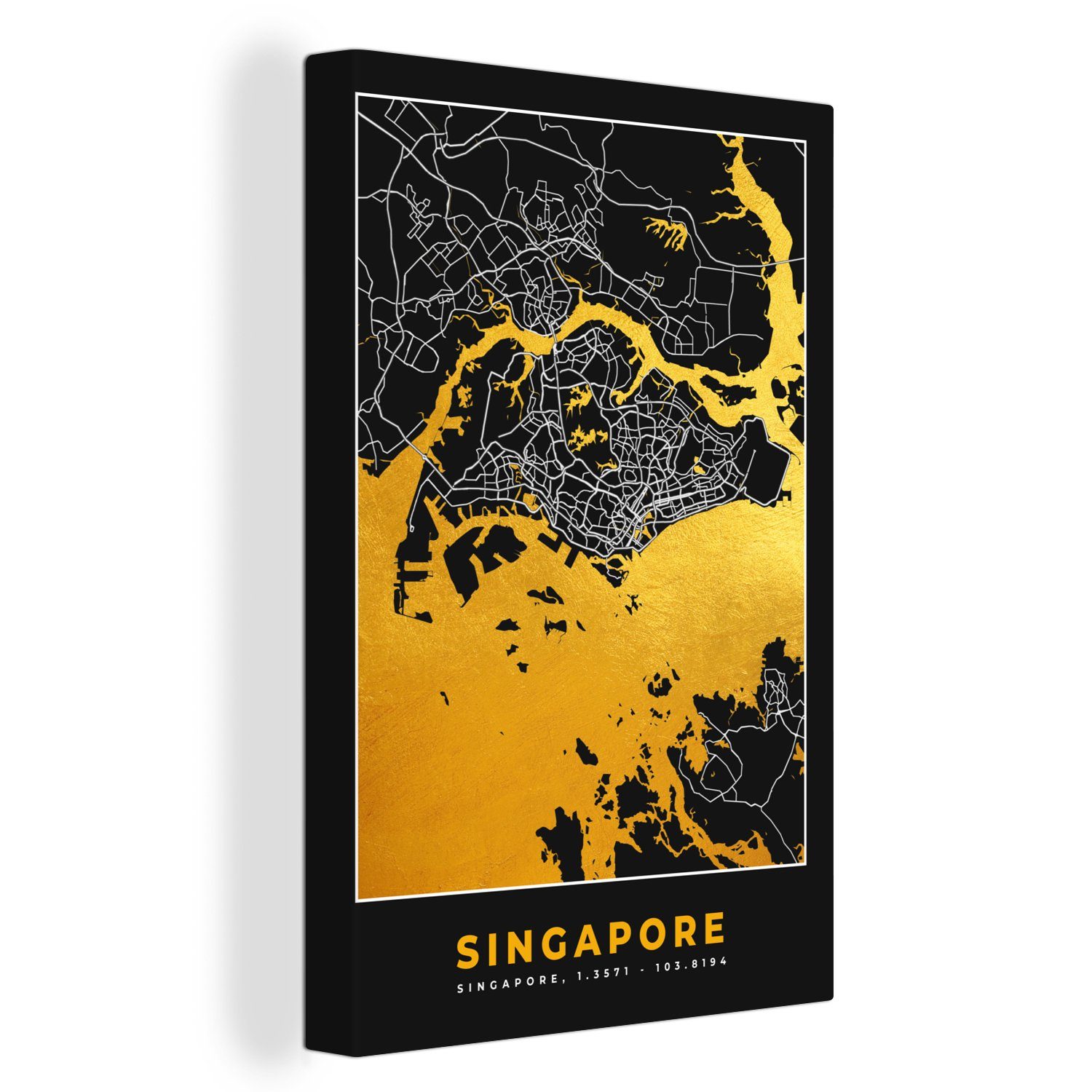 OneMillionCanvasses® Leinwandbild (1 - inkl. Stadtplan Leinwandbild St), Singapur 20x30 cm fertig Karte, bespannt - Gemälde, - Gold Zackenaufhänger