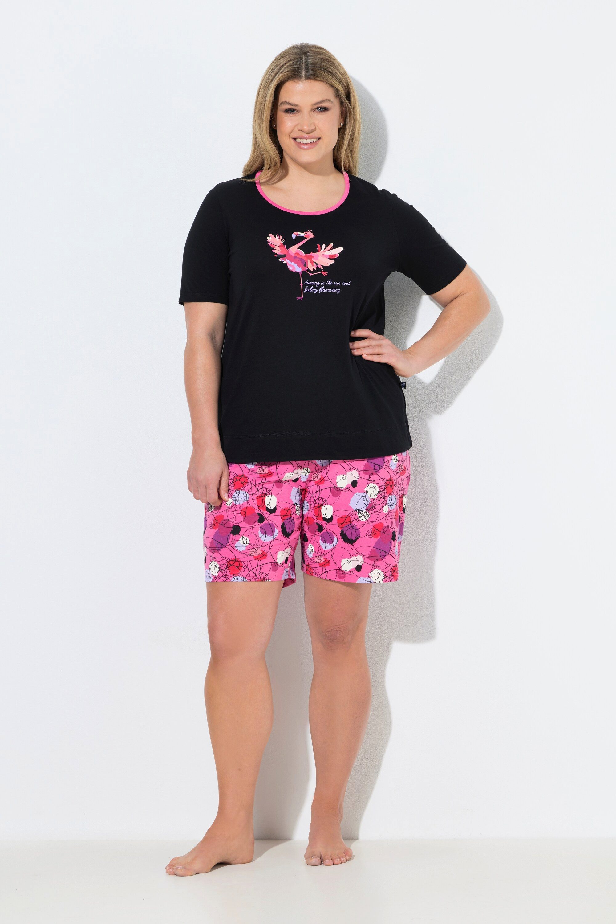Ulla Popken Pyjama Pyjama Flamingo Rundhals Halbarm Shorts