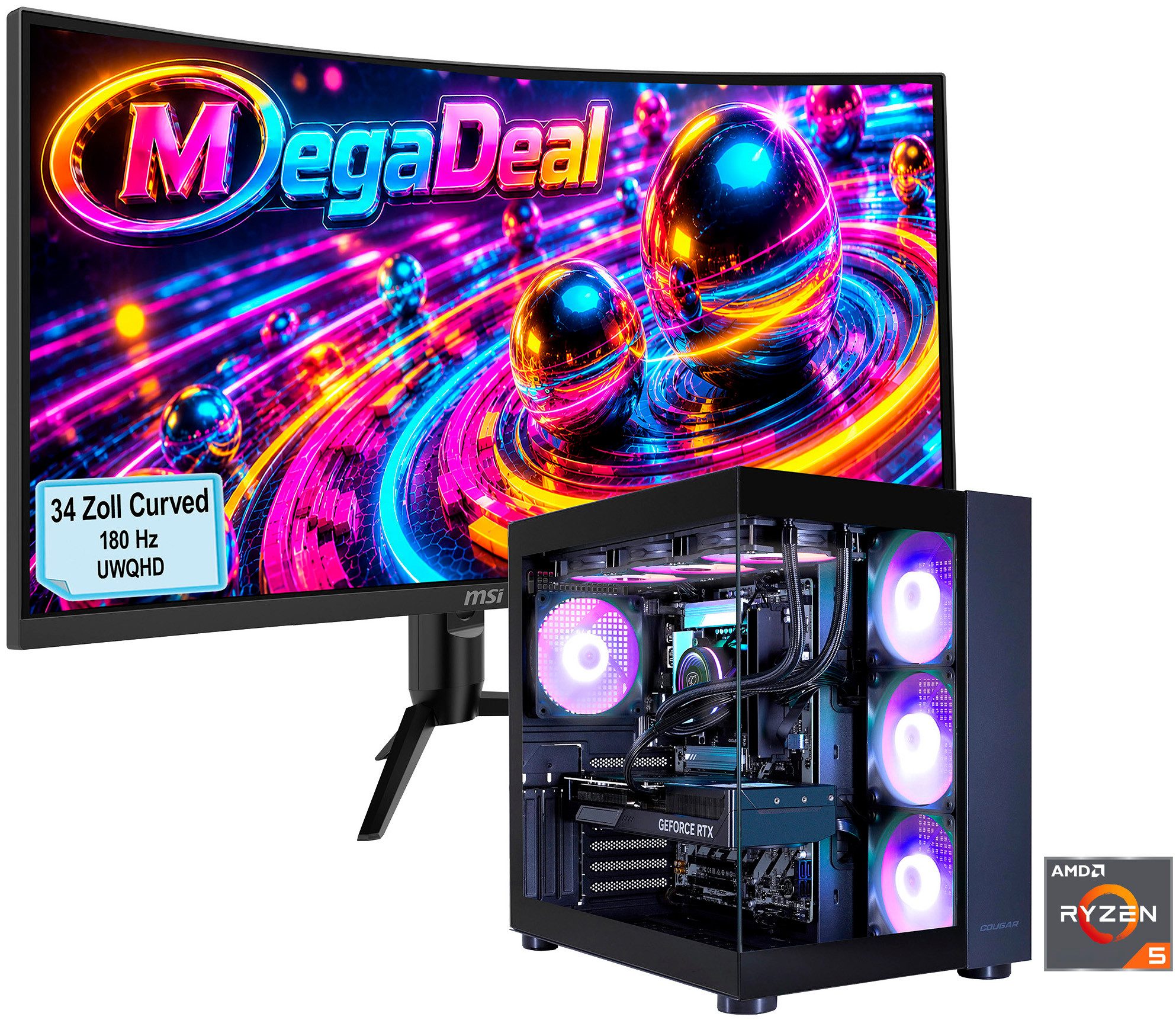 Cougar MegaDeal FV150 BK 2845 AMD Ryzen 5 9600X 32GB DDR5 1TB SSD RTX 5060Ti Gaming-PC-Komplettsystem (34", AMD Ryzen 5 9600X, RTX 5060 Ti, 32 GB RAM, 1000 GB SSD, Windows 11, DDR5 RAM + MSI MAG 342CQR E2 Curved Monitor 86cm (34)