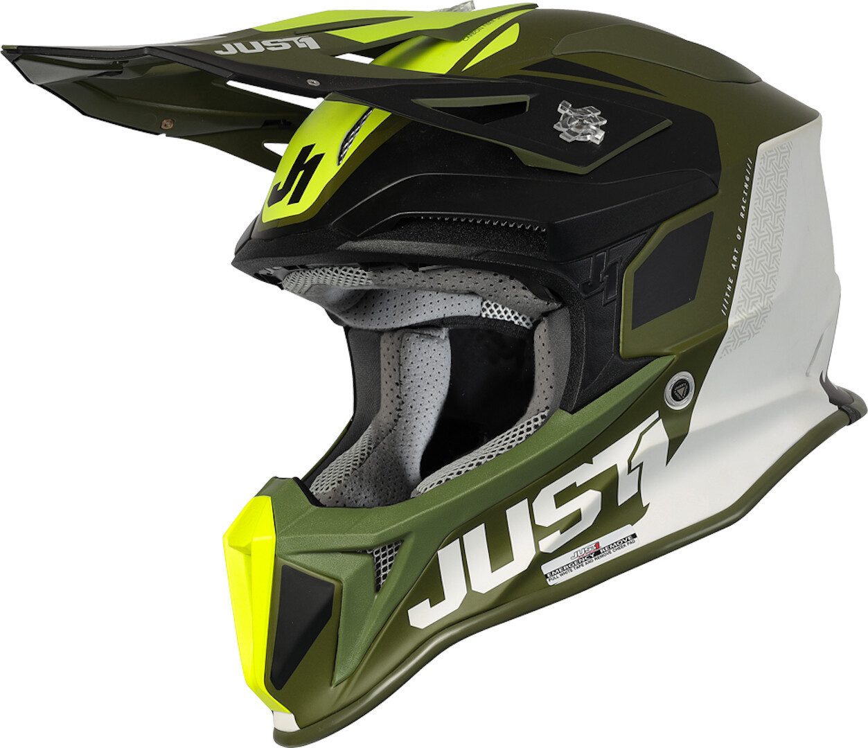 Just1 Motocrosshelm J18 Pulsar Army Limited Edition MIPS Motocross Helm, Notfallsystem-Polsterung (EQRS)