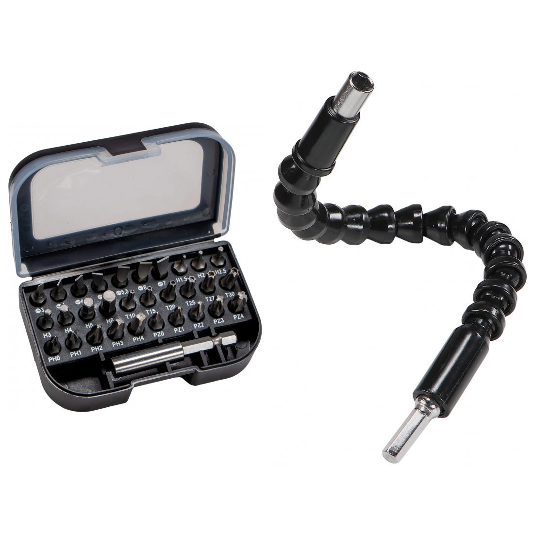 peveha24 Bit-Set Битыatz 32 teilig Box mit Gürtelclip PH PZ H Torx + biegsame Welle, 32-St., mit Schwanenhals flexiblem Magnetbithalter