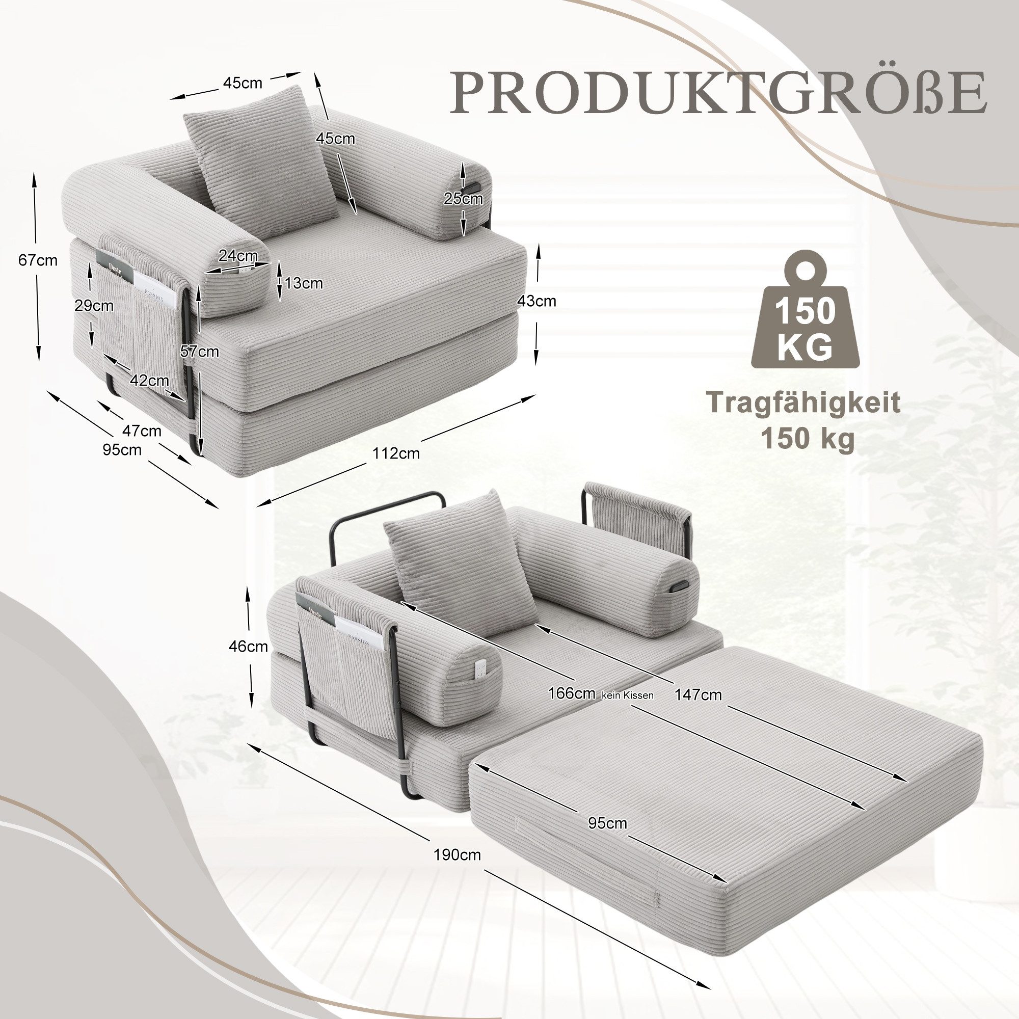 LVHOM Loungesofa faltbar mit Schlaffunktion, Stabil-/abnehmbarer Außenrahmen aus Metall, frei kombinierbar, Liege- oder Klappsofa, 1 Kissen, Hochelastischer Schaumstoff, weicher Cordstoff, Praktische Seitentaschen zur Aufbewahrung, Ideal für flexible Raumgestaltung in Wohn- oder Kleinwohnungen, Tragfähigkeit 300kg, als Gästebett nutzbar,Arbeitszimmer/Wohnzimmer