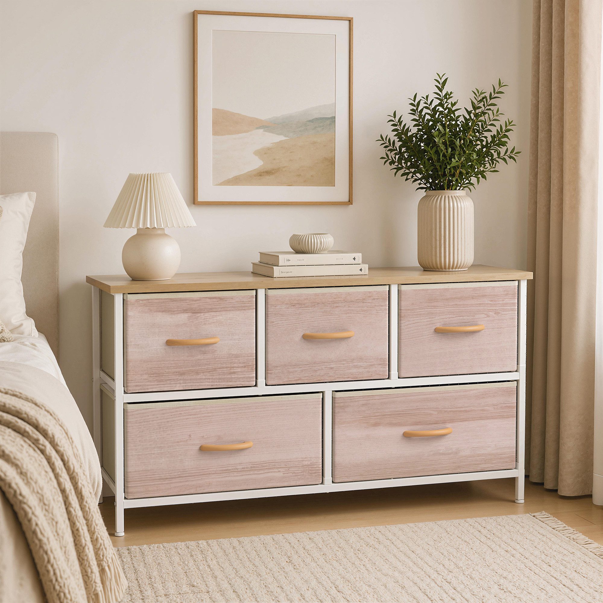 HOMCOM Kommode 5 Schubladen Stoff Schubladenschrank mit Metallrahmen Naturholz (Schrank, 1 St., Aufbewahrungsschrank), für Wohnzimmer, Schlafzimmer, 100x30x51,5 cm
