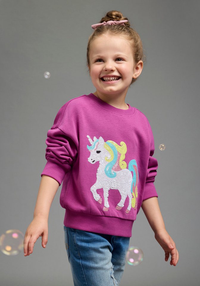 KIDSWORLD Sweatshirt Einhorn-Applikation für kleine Mädchen Sweatshirt mit schimmernden Pailletten-Applikationen
