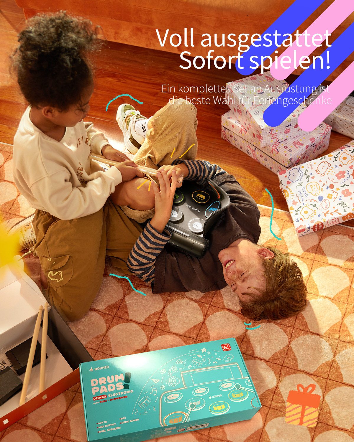 Donner E-Drum Elektrisches Drumpad Elektronisches Drumset mit 9 Pads DED-20(SE),Set, Netzteil USB-Datenkabel 3,5-mm-Audiosticks 2 Pedale, Eingebauter Lautsprecher Aufrollbares,unterstützt Kopfhöreranschluss