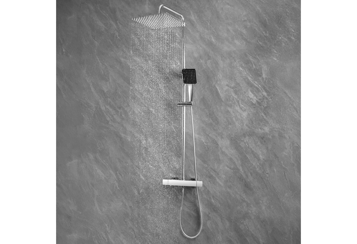Thumbnail - DERW MAX Duschsystem Thermost Duschset, 300MM Edelstahl-Raindusche 6-funktionale Handbrause, Höhe 123.5 cm, 2 Strahlart(...
