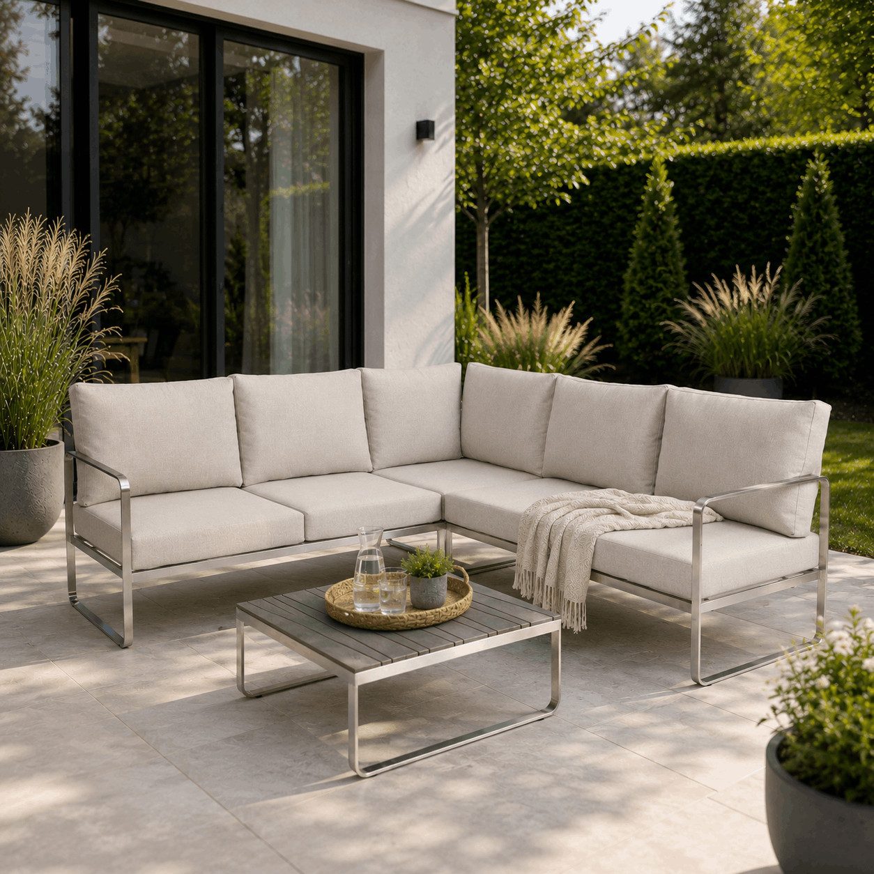 Greemotion Gartenlounge-Set Sydney Edelstahl-Ecklounge beige mit Tisch und Liegefunktion, (inkl. Auflagen), Farbe Edelstahl/Beige