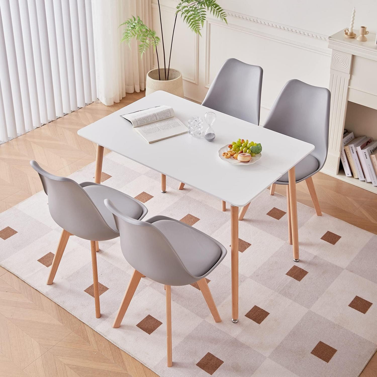 LuxusKollektion Essgruppe Essgruppe Esstisch skandinavisch 1 Tisch 4 Stühle Weiß Grau