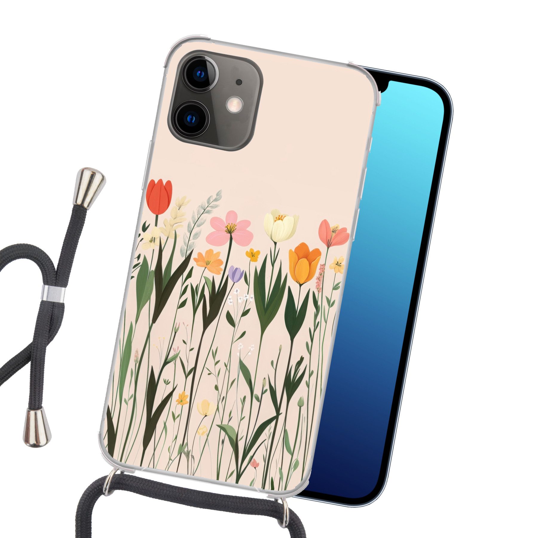 MuchoWow Handyhülle für Apple iPhone 11 Pastelltöne - Blumen - Illustration, Tragbare Handyhüllen mit Kette zum umhängen, Handykette Handyband