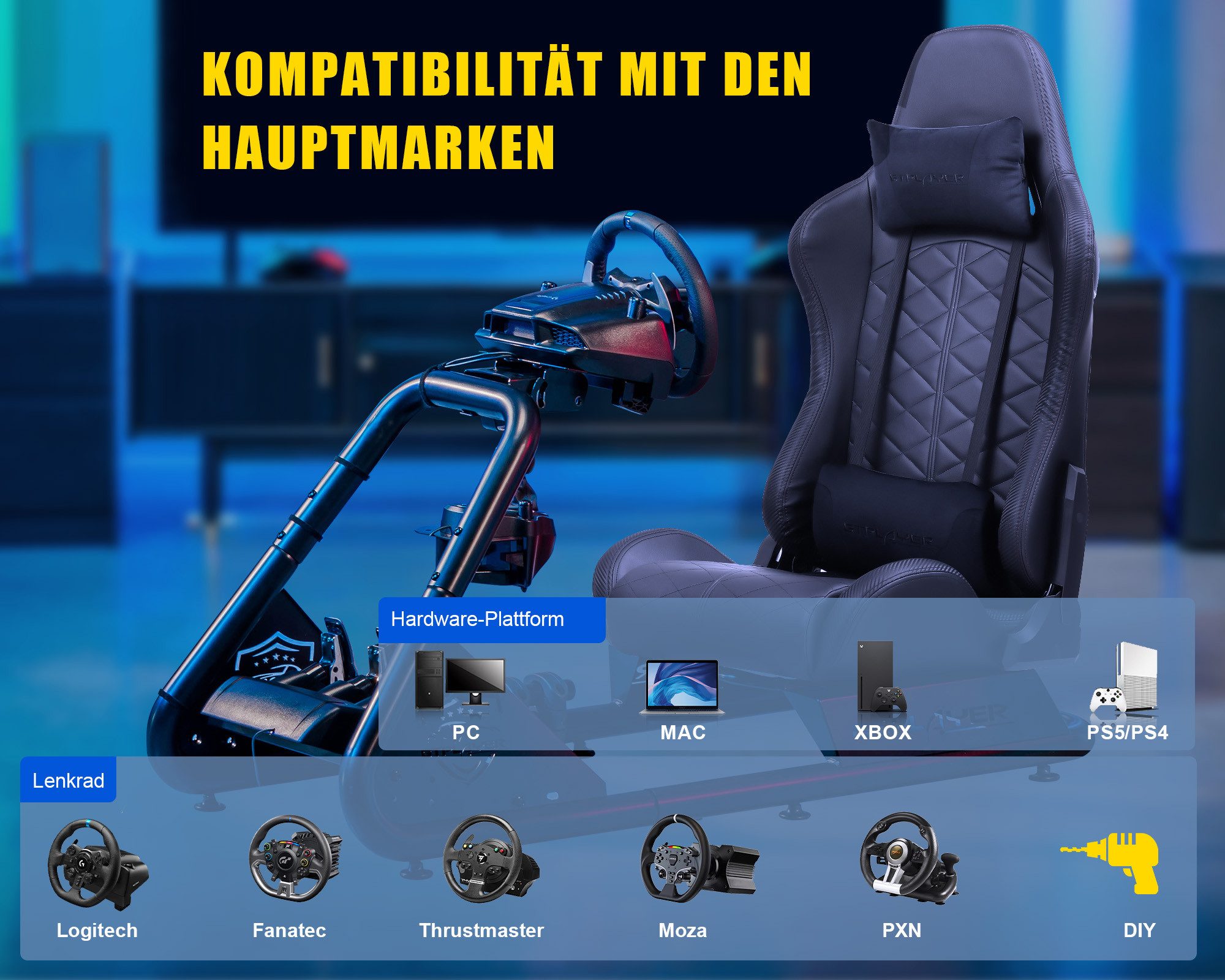 GTPLAYER Simulator Cockpit, sim racing cockpit racing wheel stand Controller (mit Bluetooth-Lautsprecher und Pedalablage)