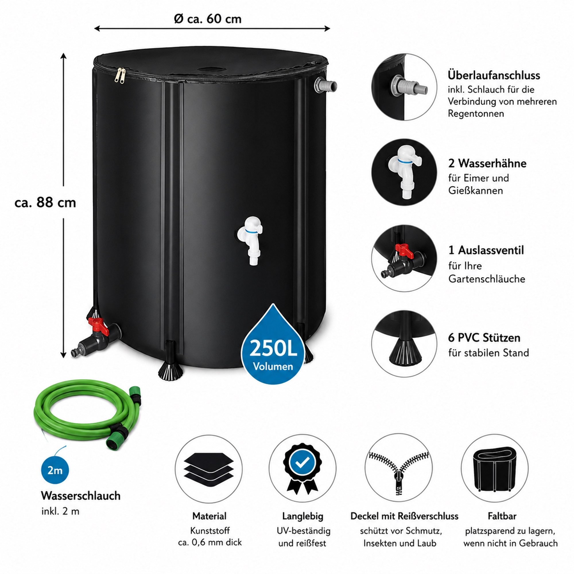 Mucola Regentonne Regenwassertonne faltbar Regenfass Wassertank Regenwassertank mit Hahn, 250 l, (Stück, Stück), inkl. 2 Meter Wasserschlauch mit Anschluss