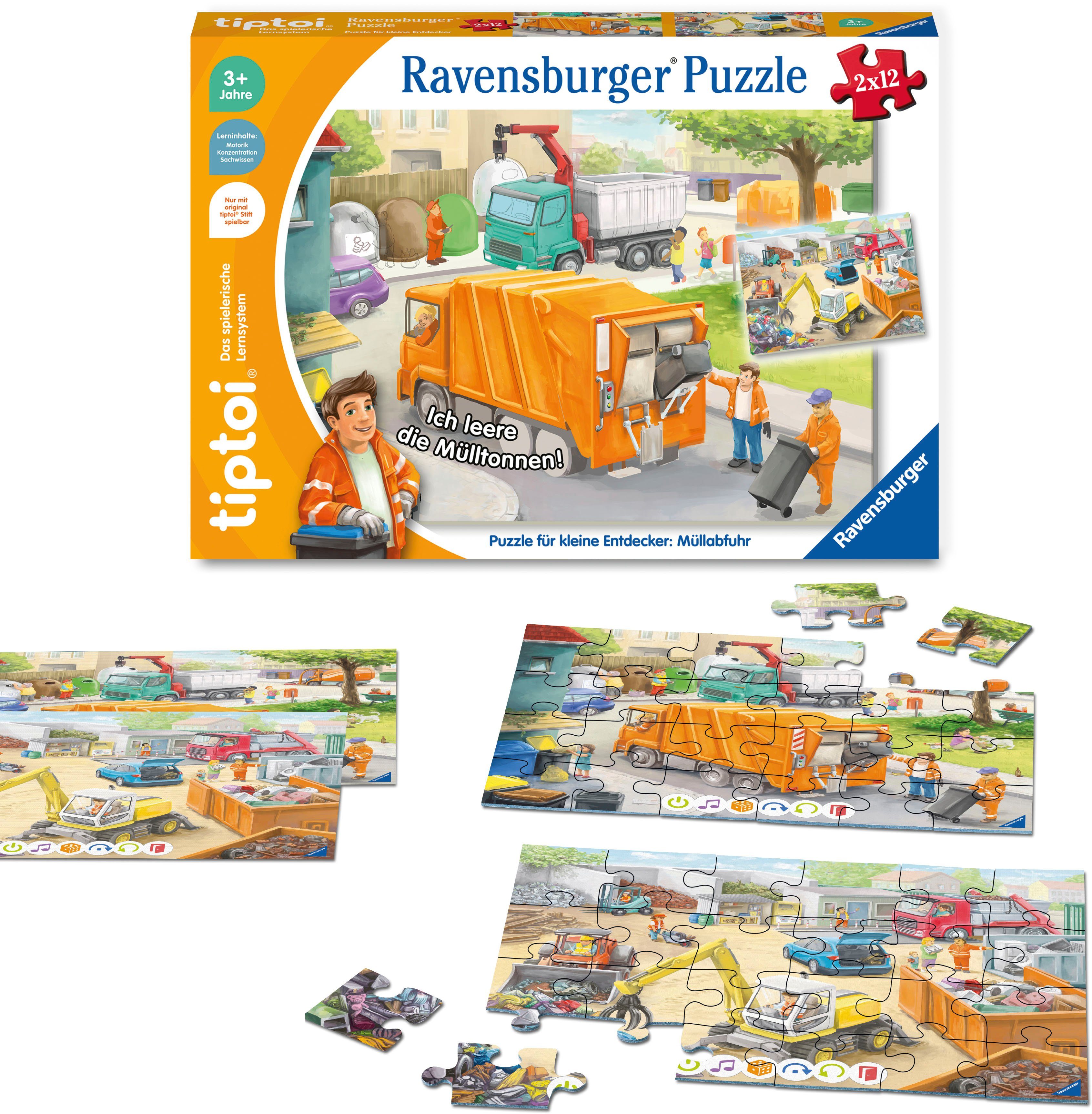 Ravensburger Puzzle tiptoi® Puzzle für kleine Entdecker: Müllabfuhr, 12 Puzzleteile, (2 x 12 Teile) Made in Europe