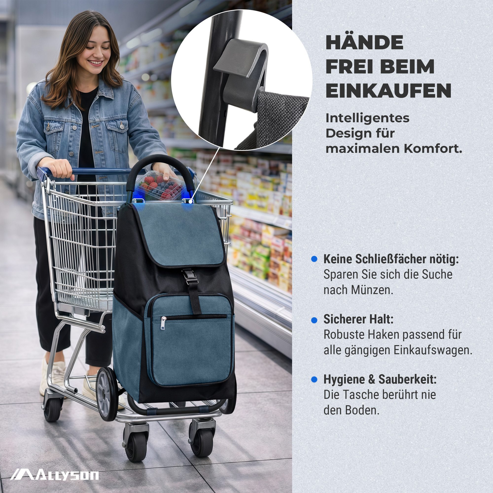 Allyson Einkaufstrolley Allyson Einkaufswagen Trolley Klappbar – Belastbar & Geräuschlos, 45 l, Klappbares Leichtbau-Gestell mit ergonomischem Soft-Touch-Griff – Bild 5 von 5