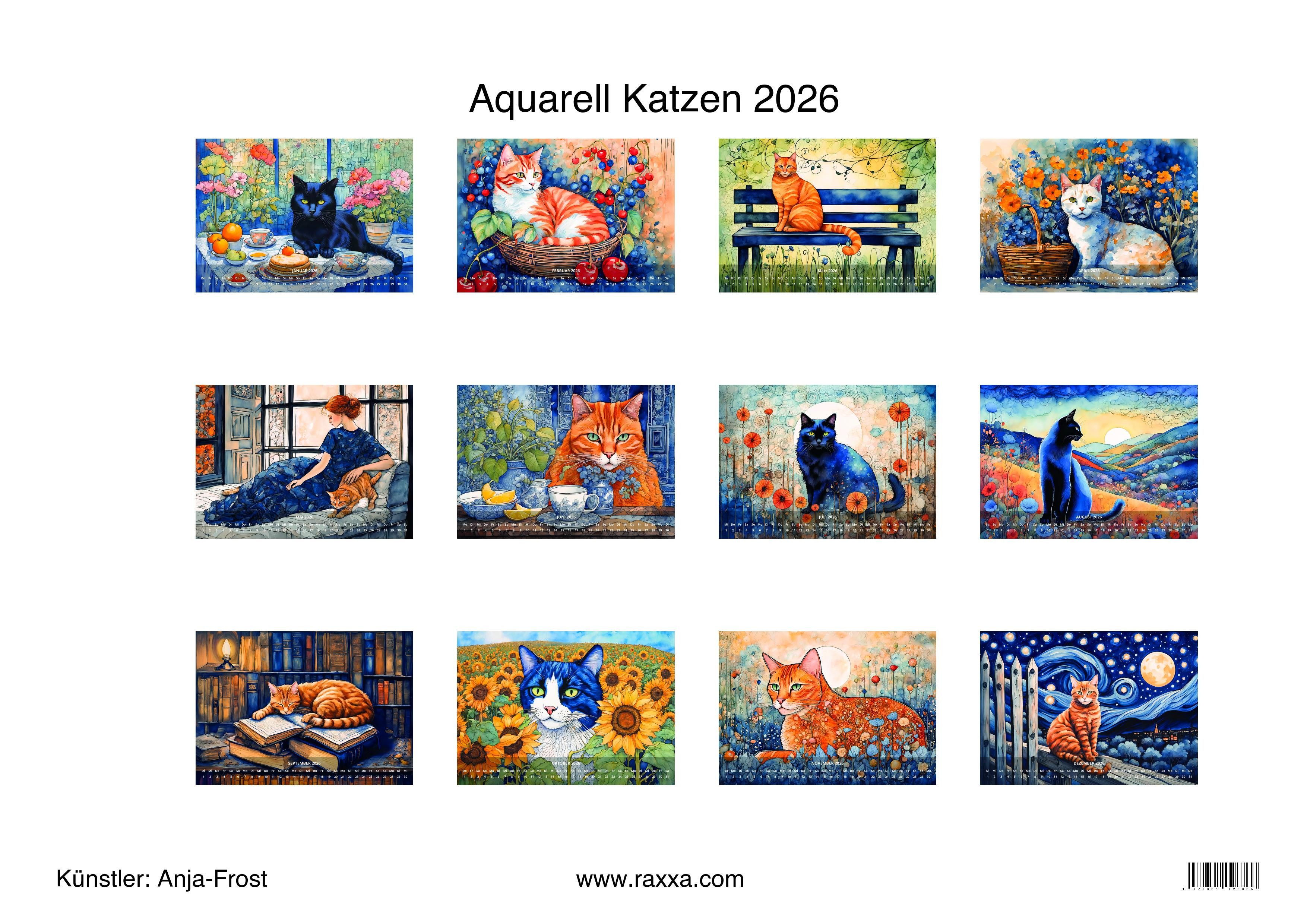 raxxa Wandkalender Aquarell Katzen 2026 - quer