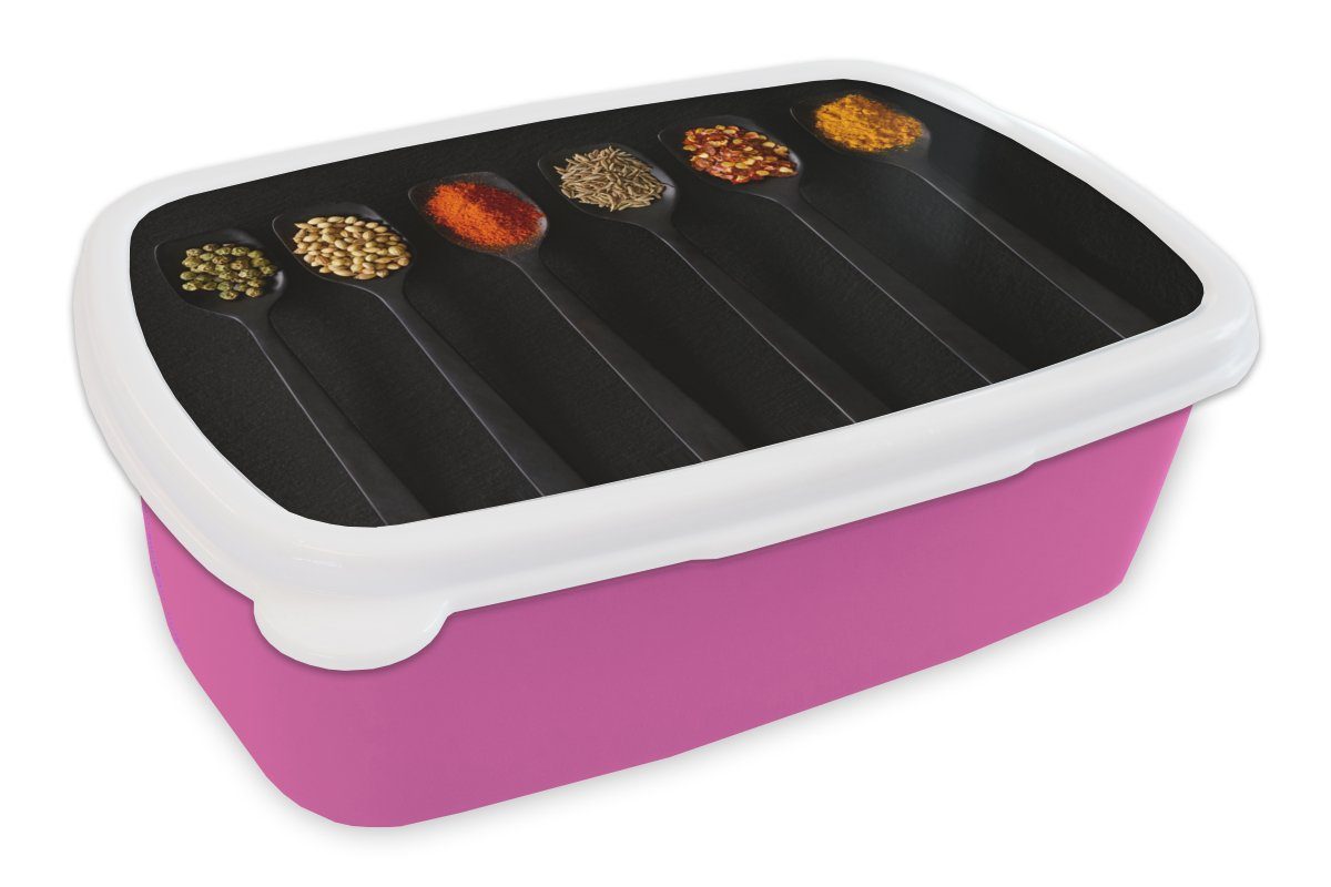 preisvergleich MuchoWow Lunchbox Löffel - Kunststoff Snackbox, - - (2-tlg), Rustikal, Gewürze Gewürze rosa Mädchen, Brotbox Brotdose Schwarz - Kunststoff, für Kinder, Erwachsene