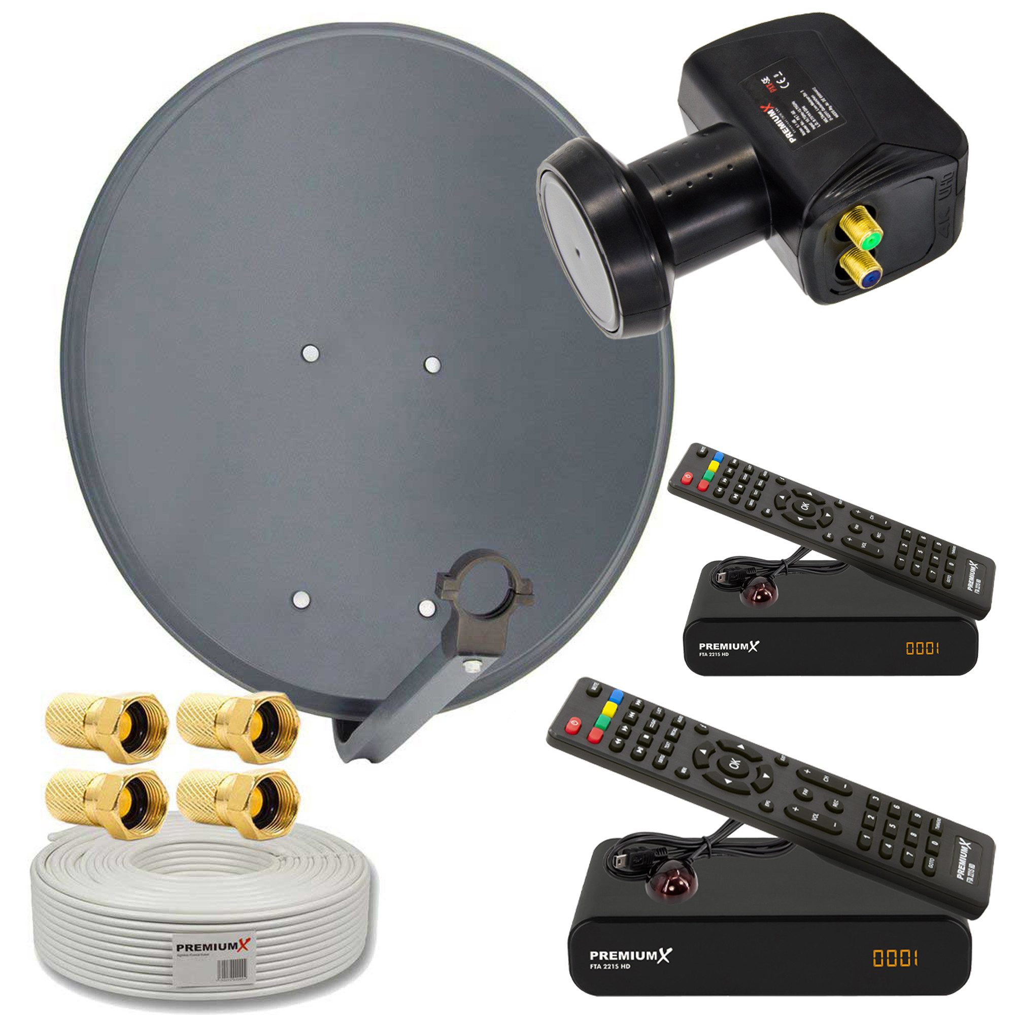 PremiumX SAT Anlage 60cm Antenne Twin LNB 25m Kabel 2x HDTV Receiver SAT-Antenne