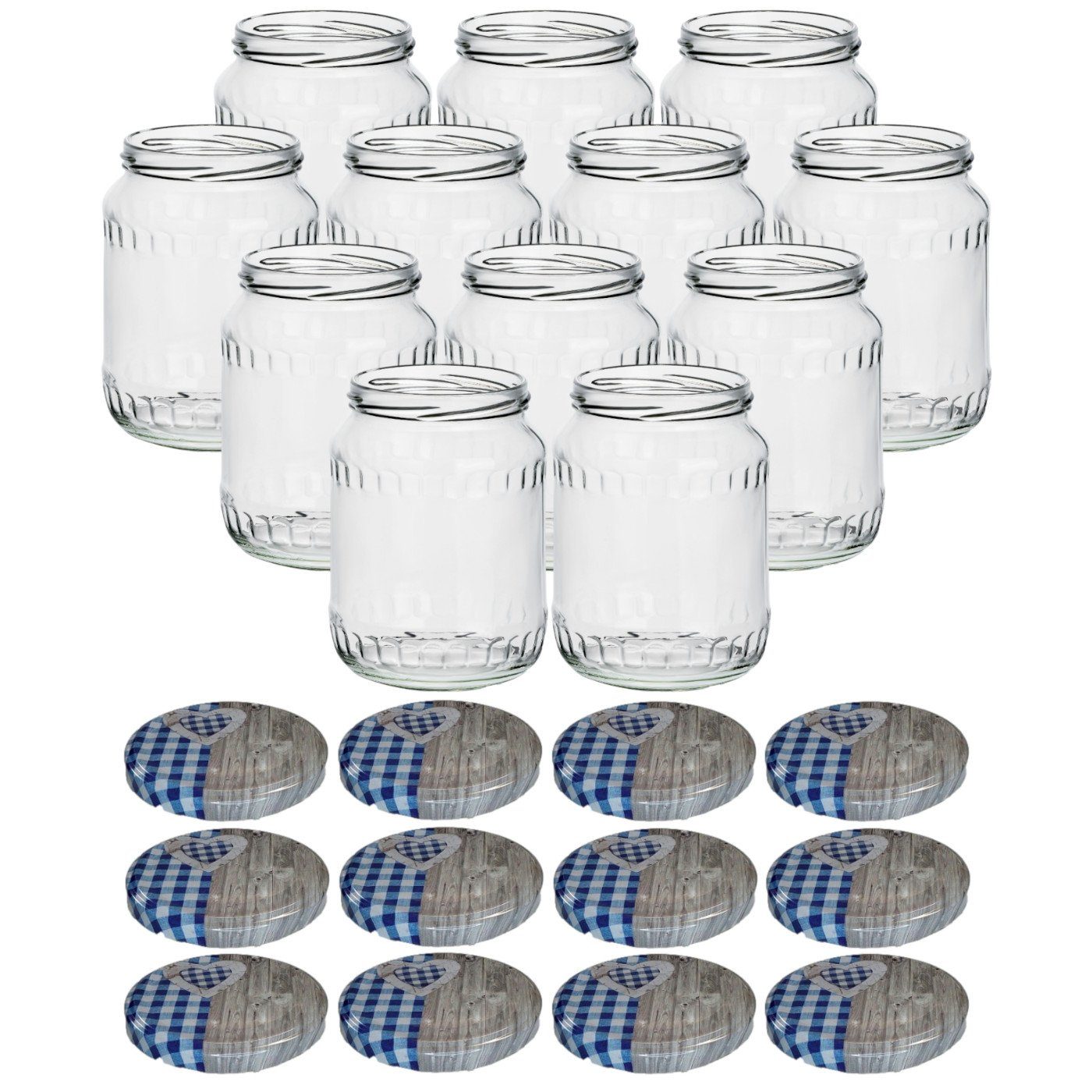 gouveo Einmachglas Vorratsgläser 720 ml Klassik mit Schraub-Deckel - Große Einmachgläser, (12-tlg., Herzblau)
