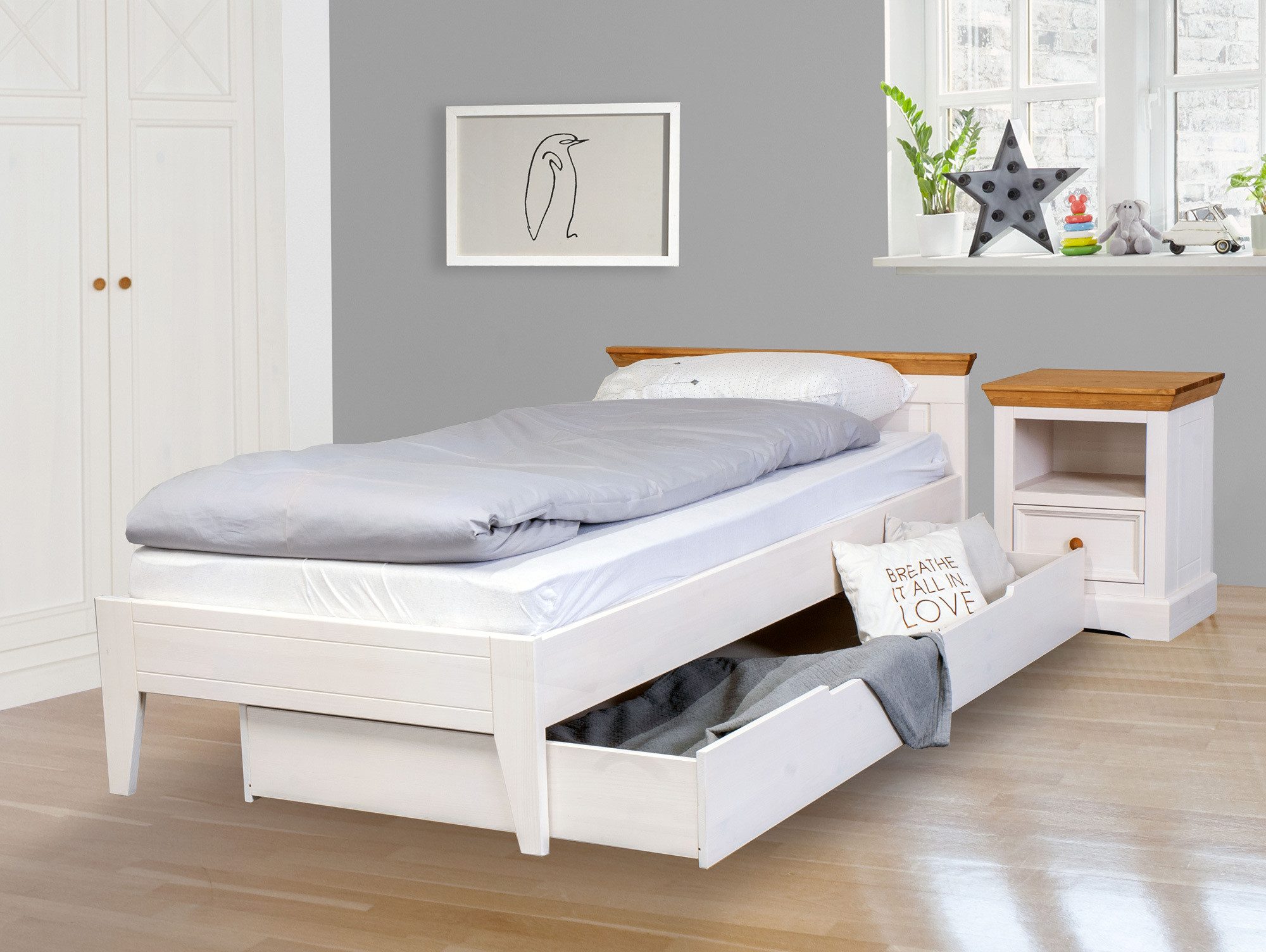 Moebel-Eins Kinderbett, CARLY Bettkasten für Jugendbett, Material Massivholz, Kiefer weiss