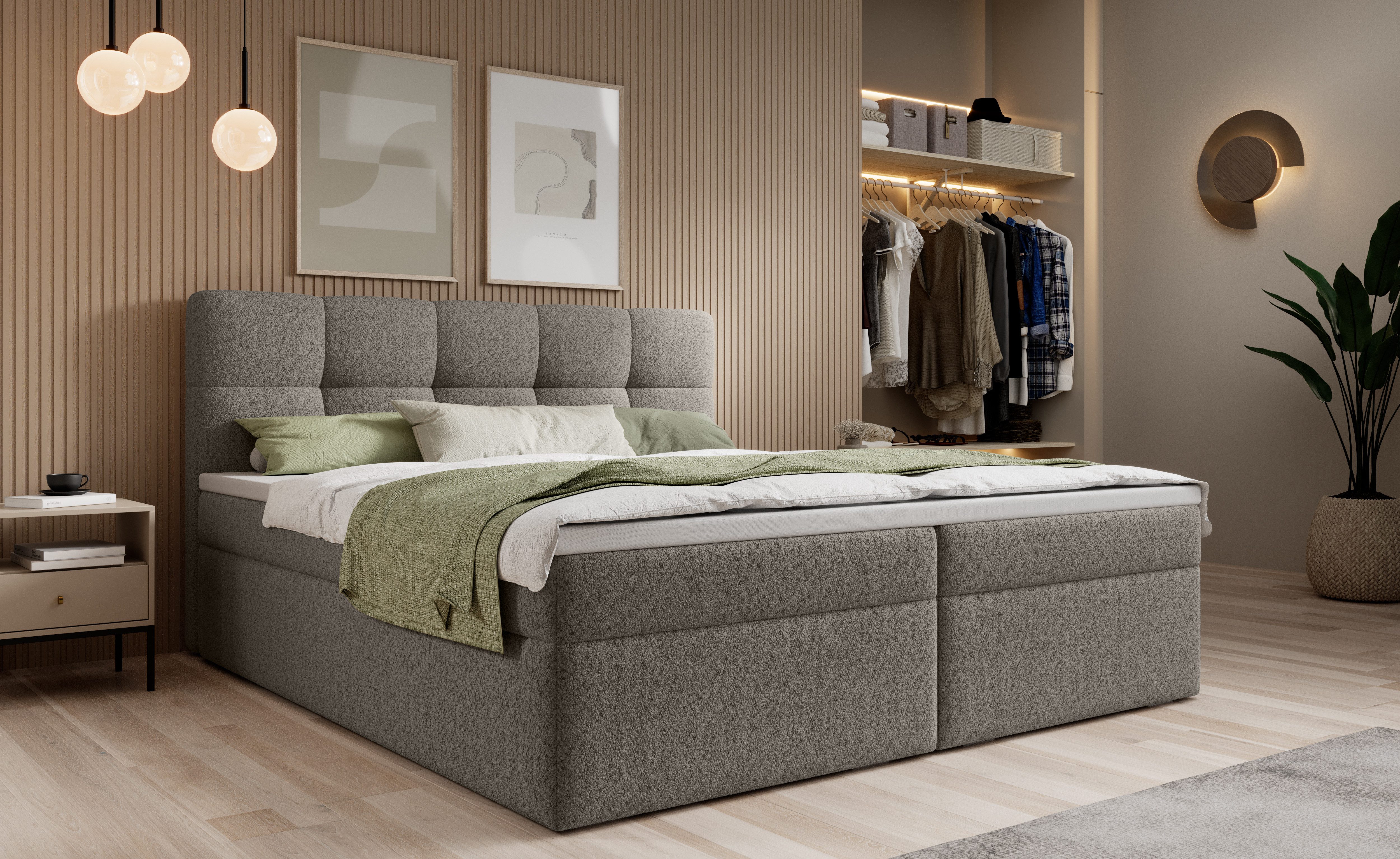 thematys Boxspringbett mit Bettkasten 140x200–200x200 cm – Velours oder Bouclé Bezug – (Boxbett - Luxus Doppelbett mit Stauraum, Boxbett - Luxus Doppelbett mit Stauraum)