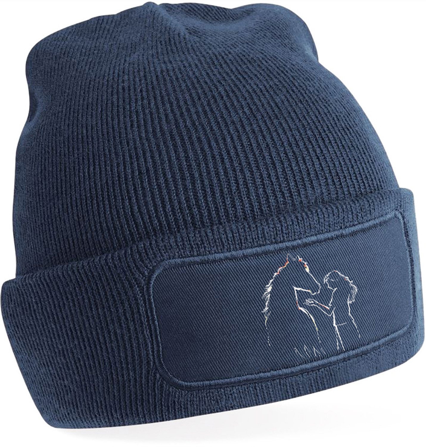 Strickmütze für kalte Tage - Beanie mit Umschlag und stylischem Pferde Print