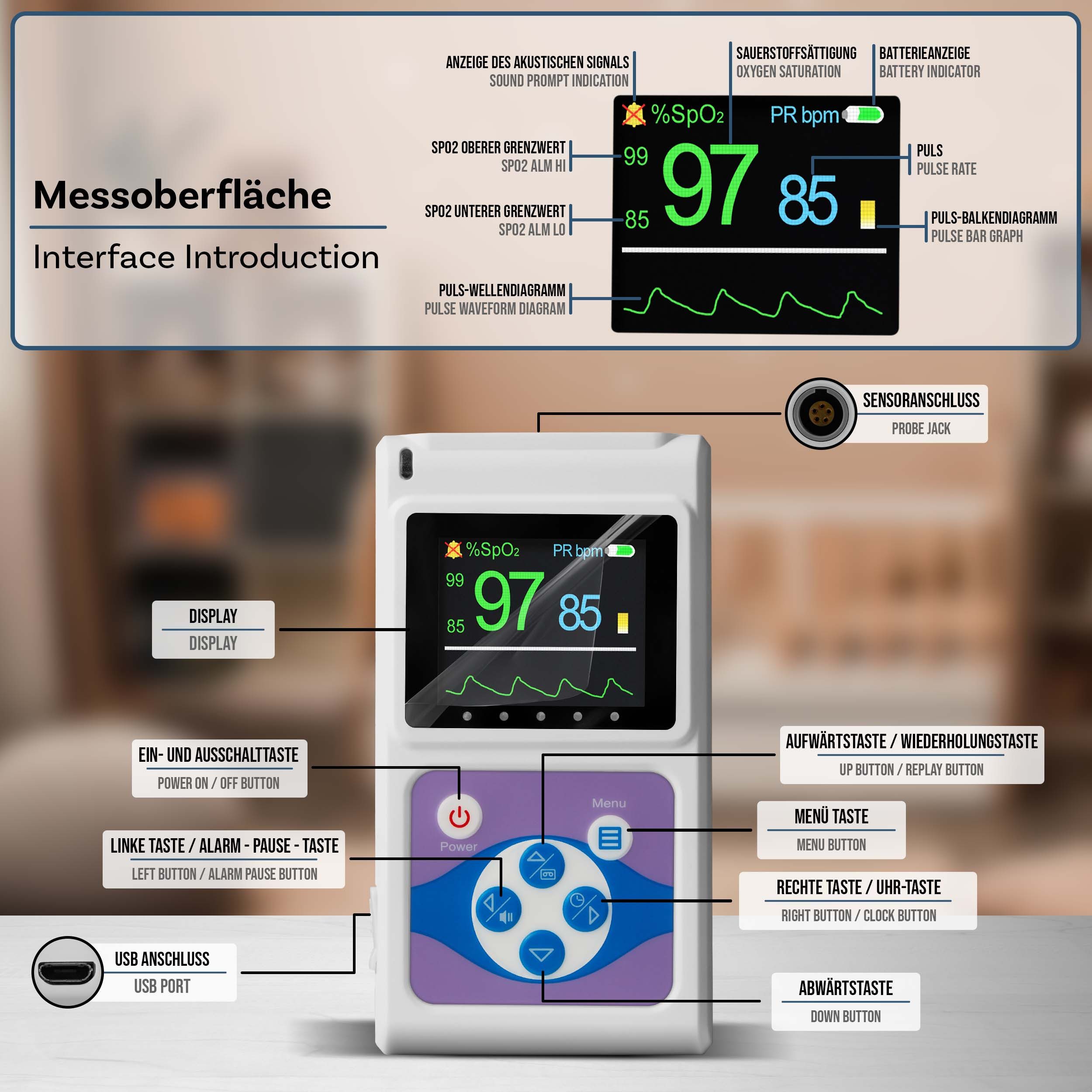 pulox Pulsoximeter PO-650B mit Externem Sensor für Babys und Kleinkinder