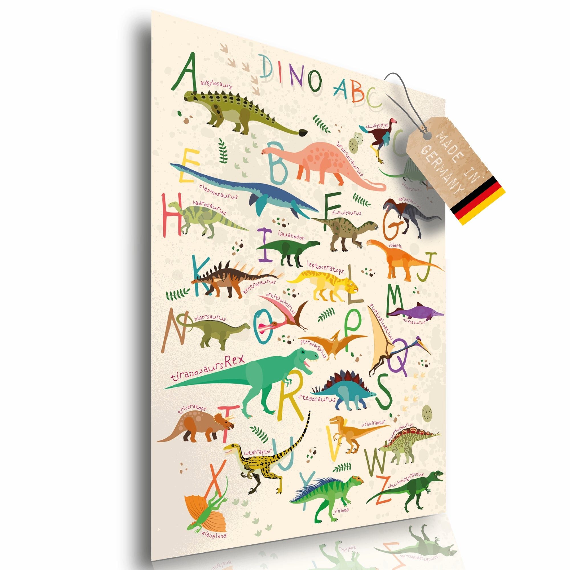 Lineo Poster Dinosaurier ABC Lernbild für Kinder Cartoon 59x42 cm, Dino Poster XXL Kinderzimmer Dekoration & Alphabet lernen
