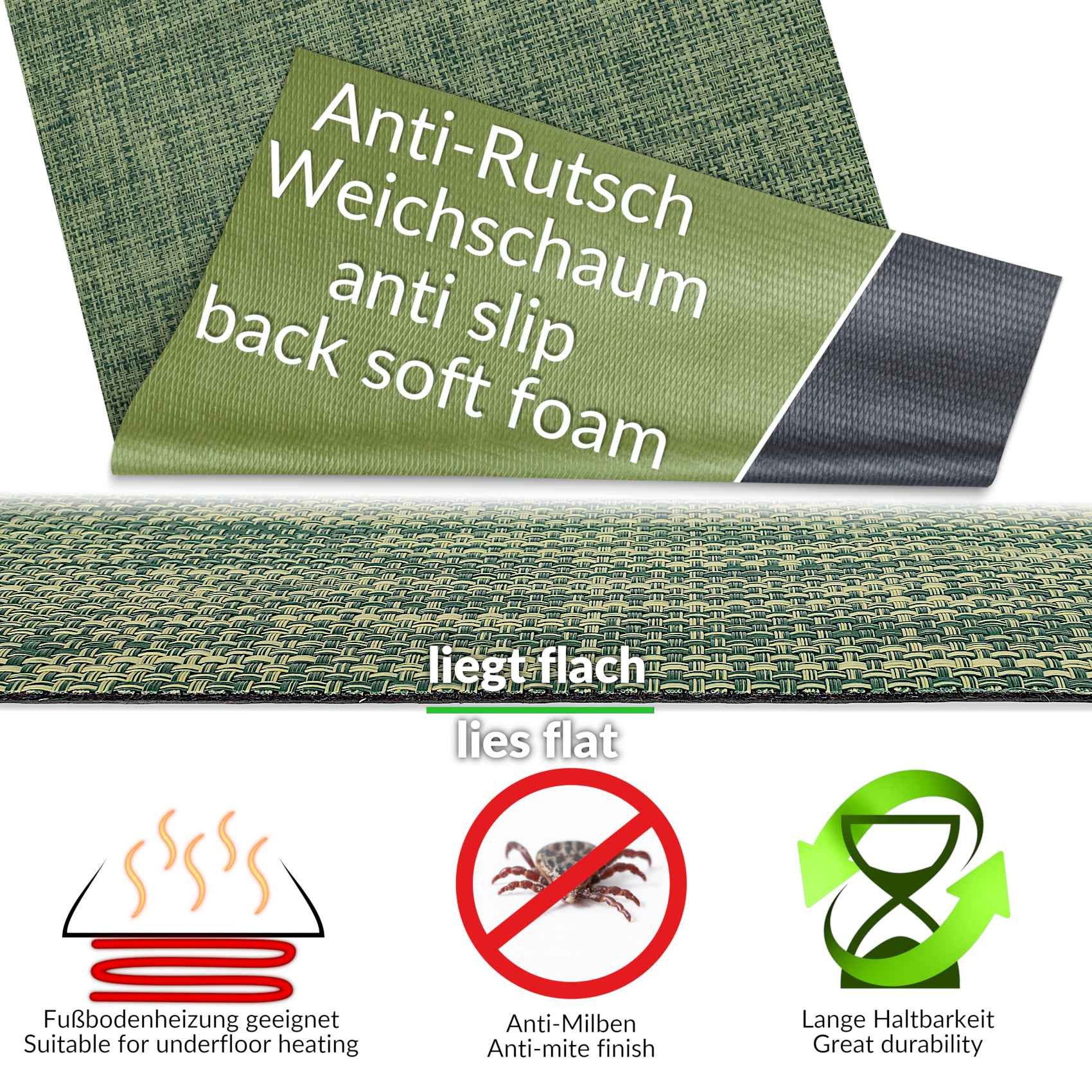 ANRO Küchenläufer Hochwertig Outdoorläufer Teppich TATAMI Läufermatte, Eckig, Höhe: 3 mm, Rattanoptik