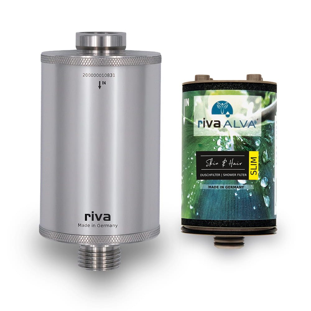 riva Wasserfiltertechnik Wasserhahn-Wasserfilter rivaALVA Skin & Hair SLIM Duschfilter mit Edelstahlgehäuse (1 St), Blockaktivkohle, inkl. vormontierter Filterkartusche