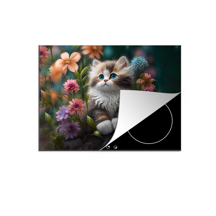 MuchoWow Herdblende-/Abdeckplatte Kätzchen - Illustration - Blumen - Natur - Katze Vinyl (1 tlg) Mobile Arbeitsfläche nutzbar Ceranfeldabdeckung