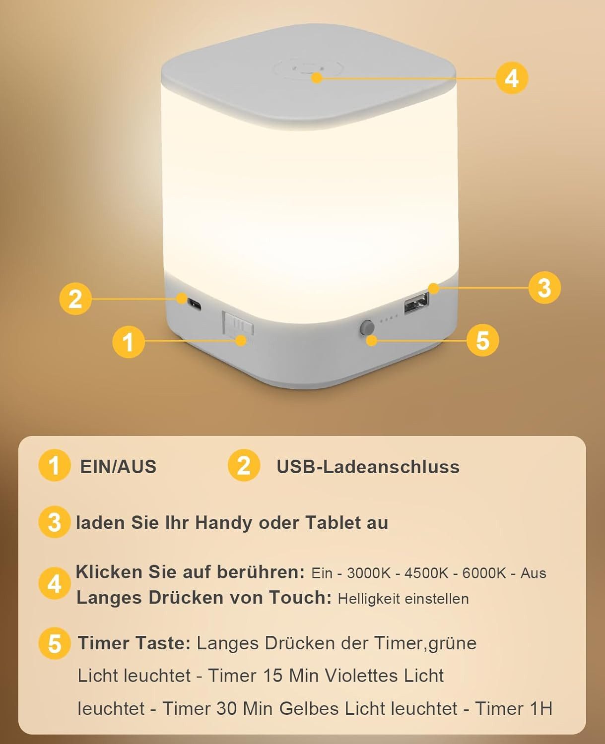 ZMH LED Tischleuchte Akku 1800mAH Touch Dimmbar Nachttischlampe Kabellos Schlafzimmer, Augenschutz, LED fest integriert, 3000-6500K, USB Aufladbar mit 3 Farbtemperatur&Timing Funktion Nachtlicht