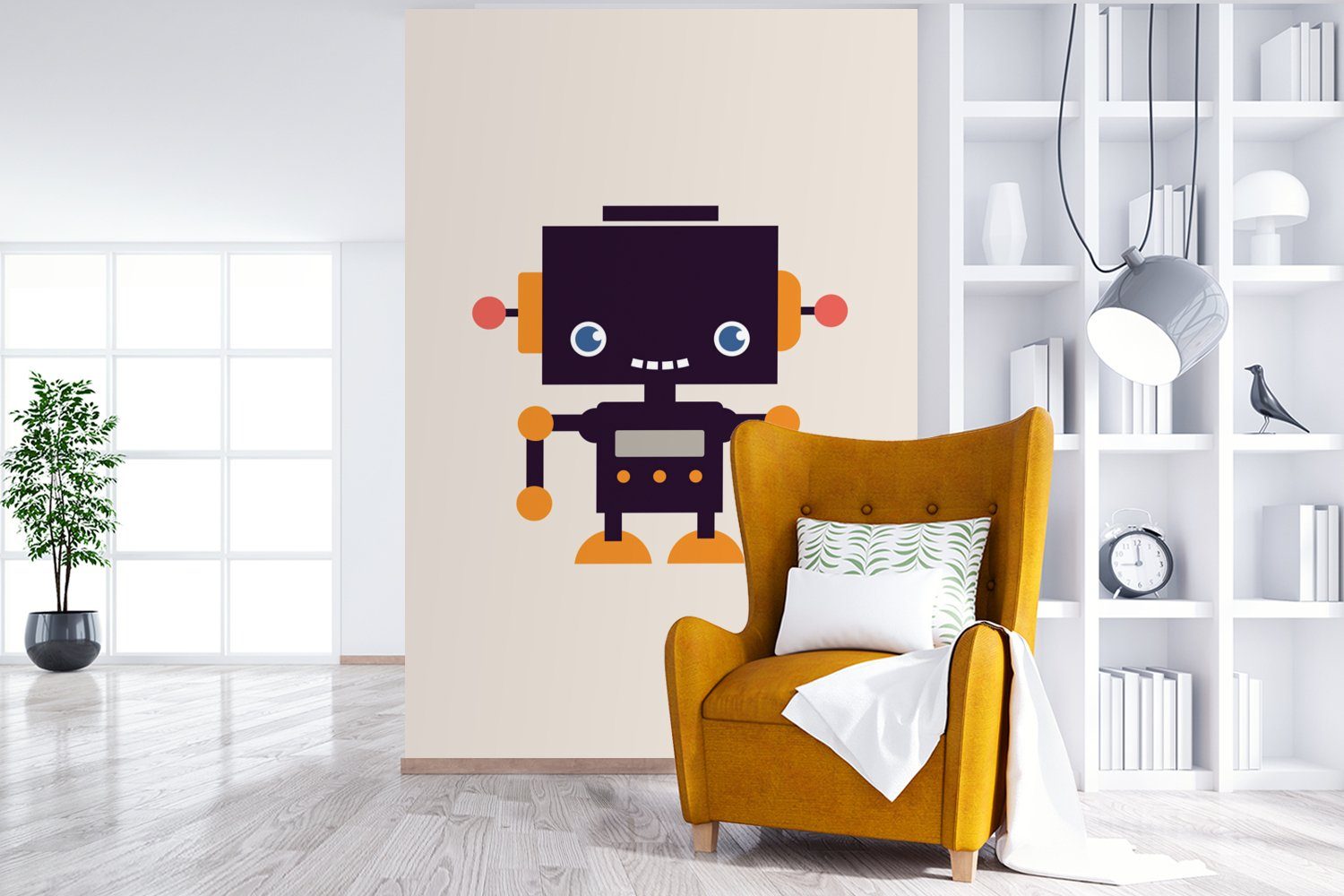 Orange - Kind - für St), MuchoWow - Roboter Beige (3 - Montagefertig bedruckt, Tapete Wandtapete Vinyl Kinder, Antenne - Wohnzimmer, Matt, Fototapete
