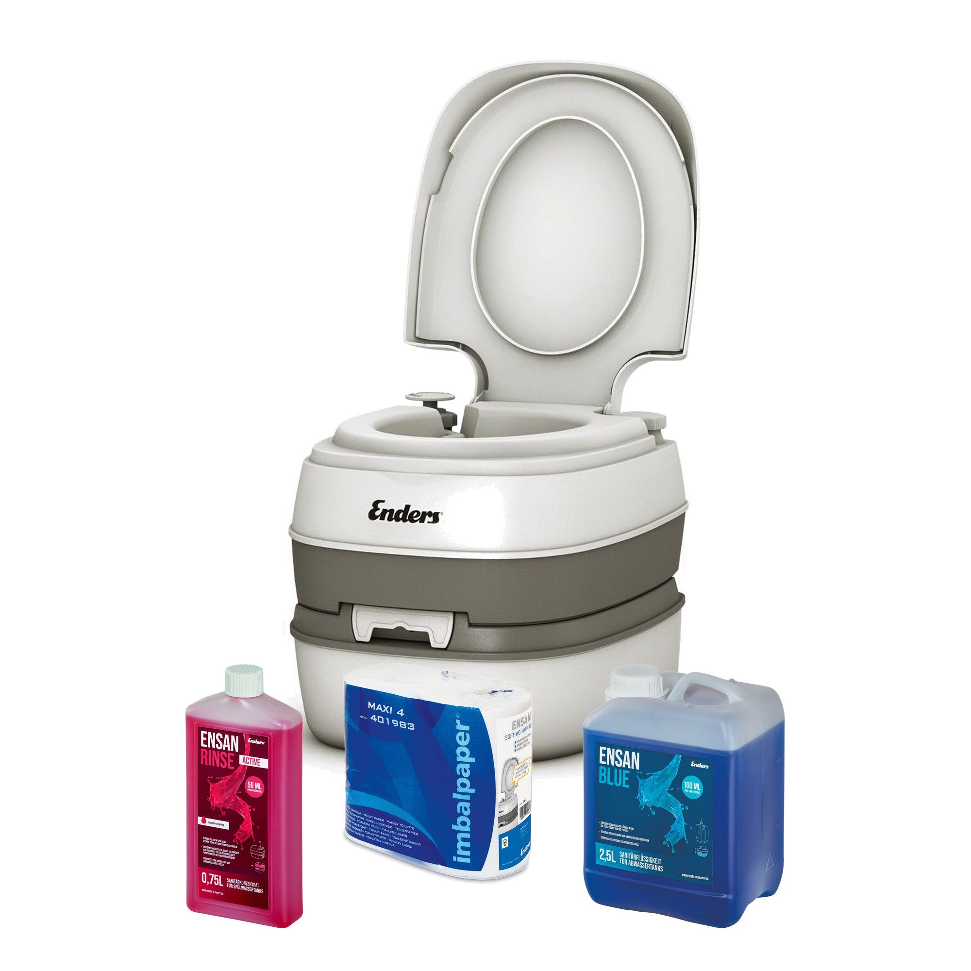 Enders® Campingtoilette Starter-Set Blue Comfort, (Spar-Set, 0,75L RINSE + 2,5L BLUE + 4 Rollen selbstauflösendes Toilettenpapier), Kolbenpumpe, geringes Gewicht, glatte und hygienische Oberfläche
