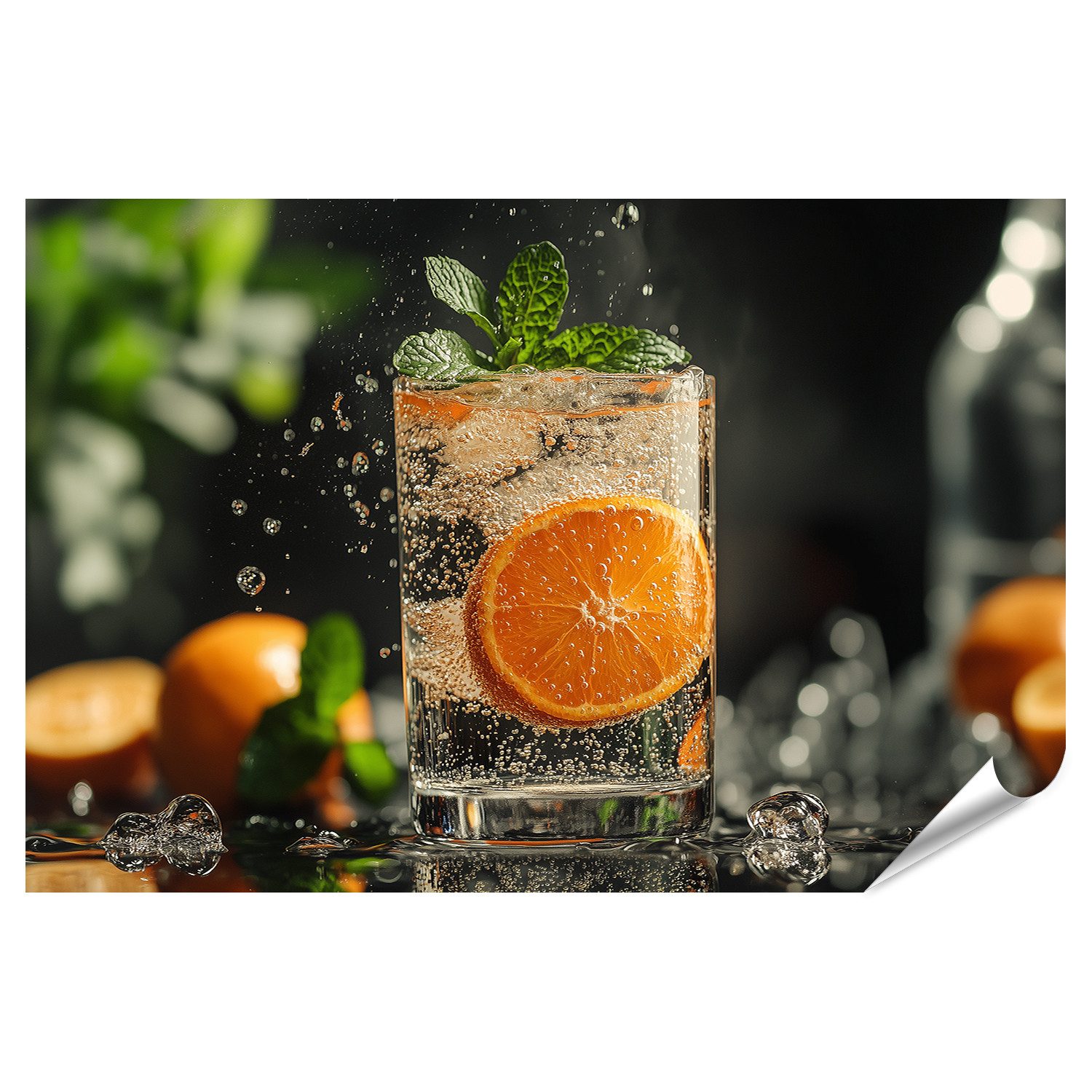 Poster Orangenspritzer im sprudelnden Wasser