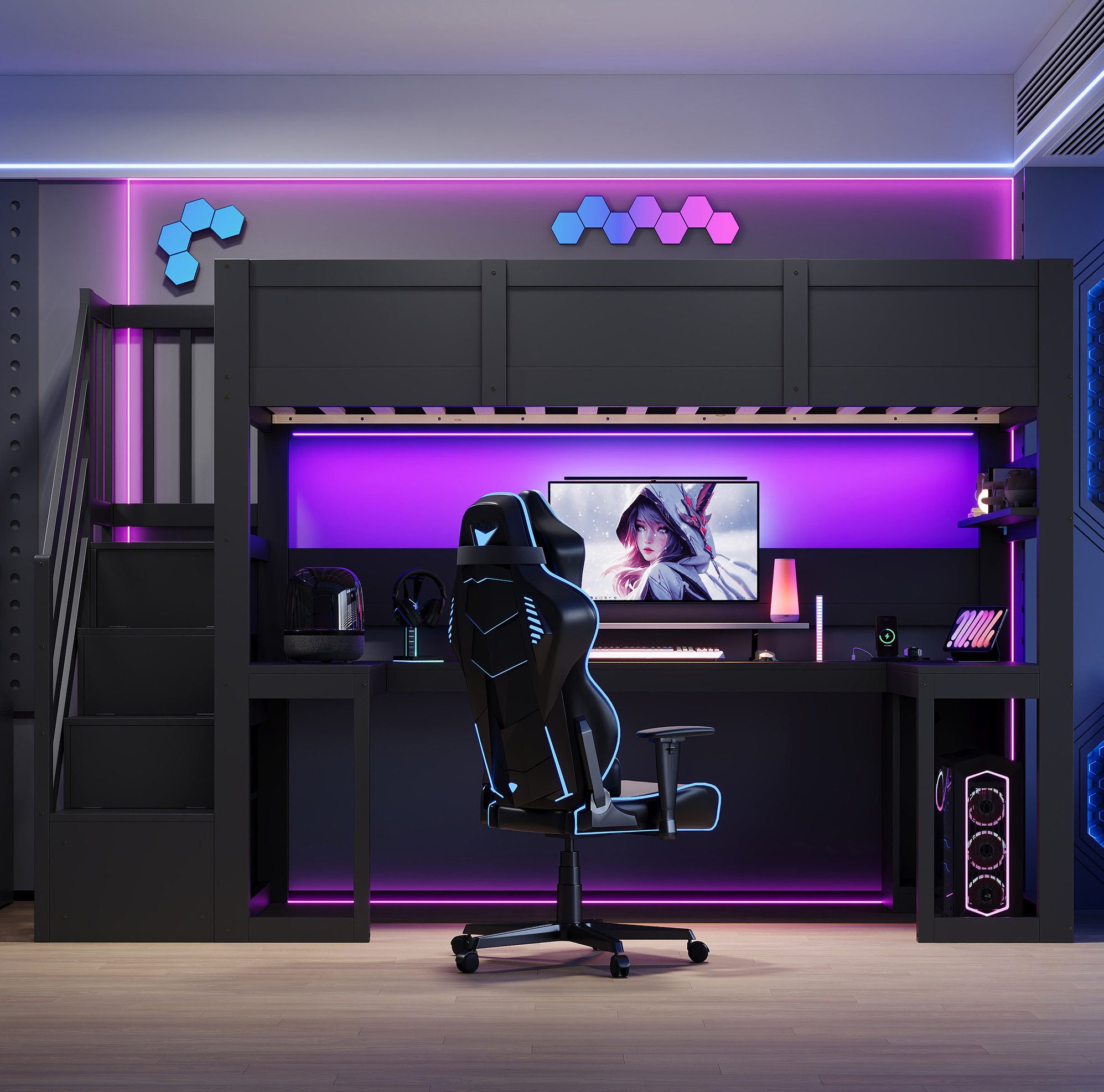 OKWISH Hochbett Gaming Etagenbett Schwarz 90x200 cm mit LED und USB Anschluss (Packung, 1-St., Schlafbett ohne Matratze für Gaming Zimmer und Jugendbereich) Jugendbett mit Schreibtisch und Treppe mit Stauraum Funktion