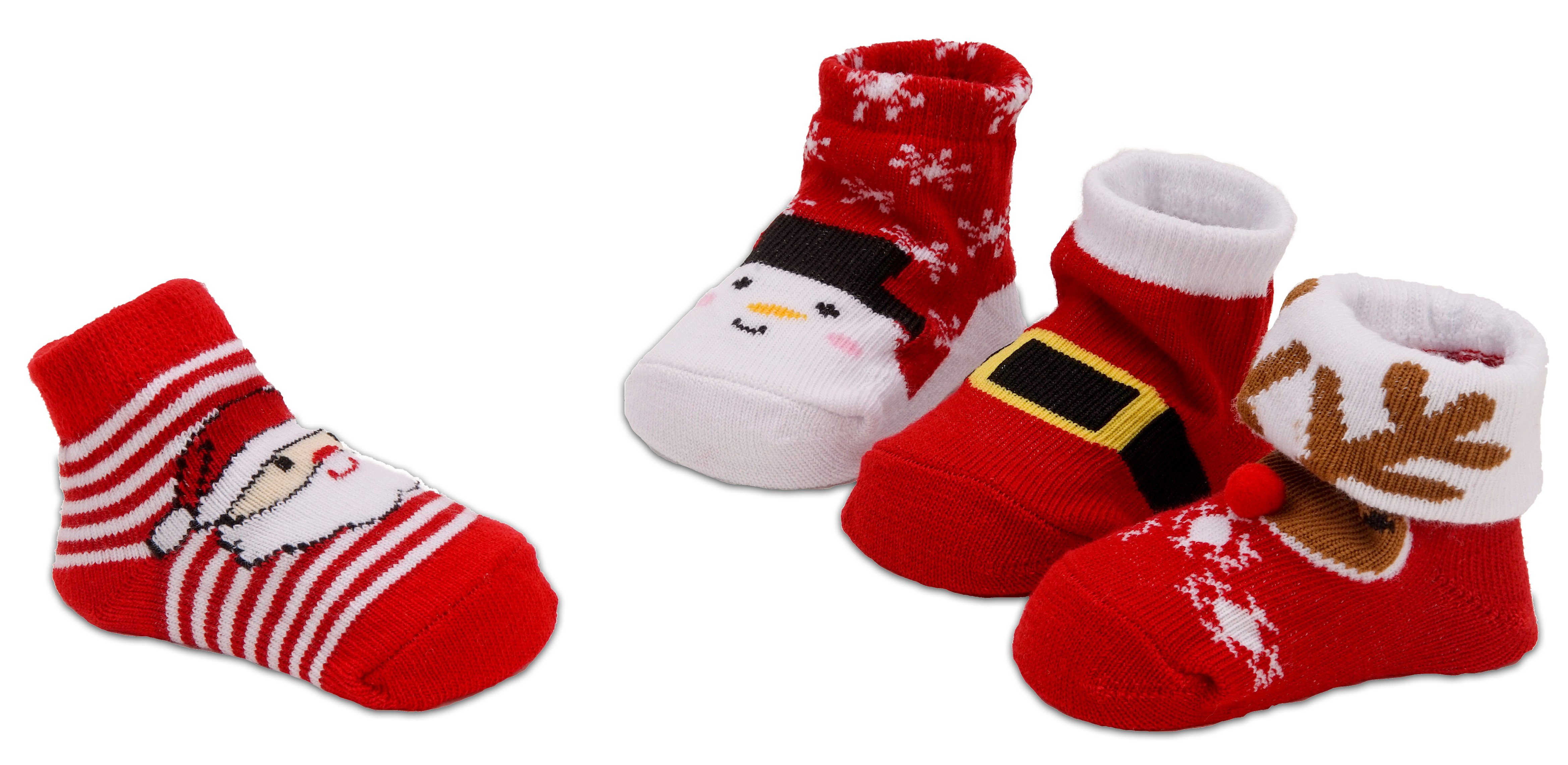 BRUBAKER Socken Babysocken für Jungen und Mädchen 0-12 Monate (4-Paar, Baumwollsocken mit Weihnachts-Motiven) Baby Geschenkset für Neugeborene in Geschenkverpackung mit Schleife