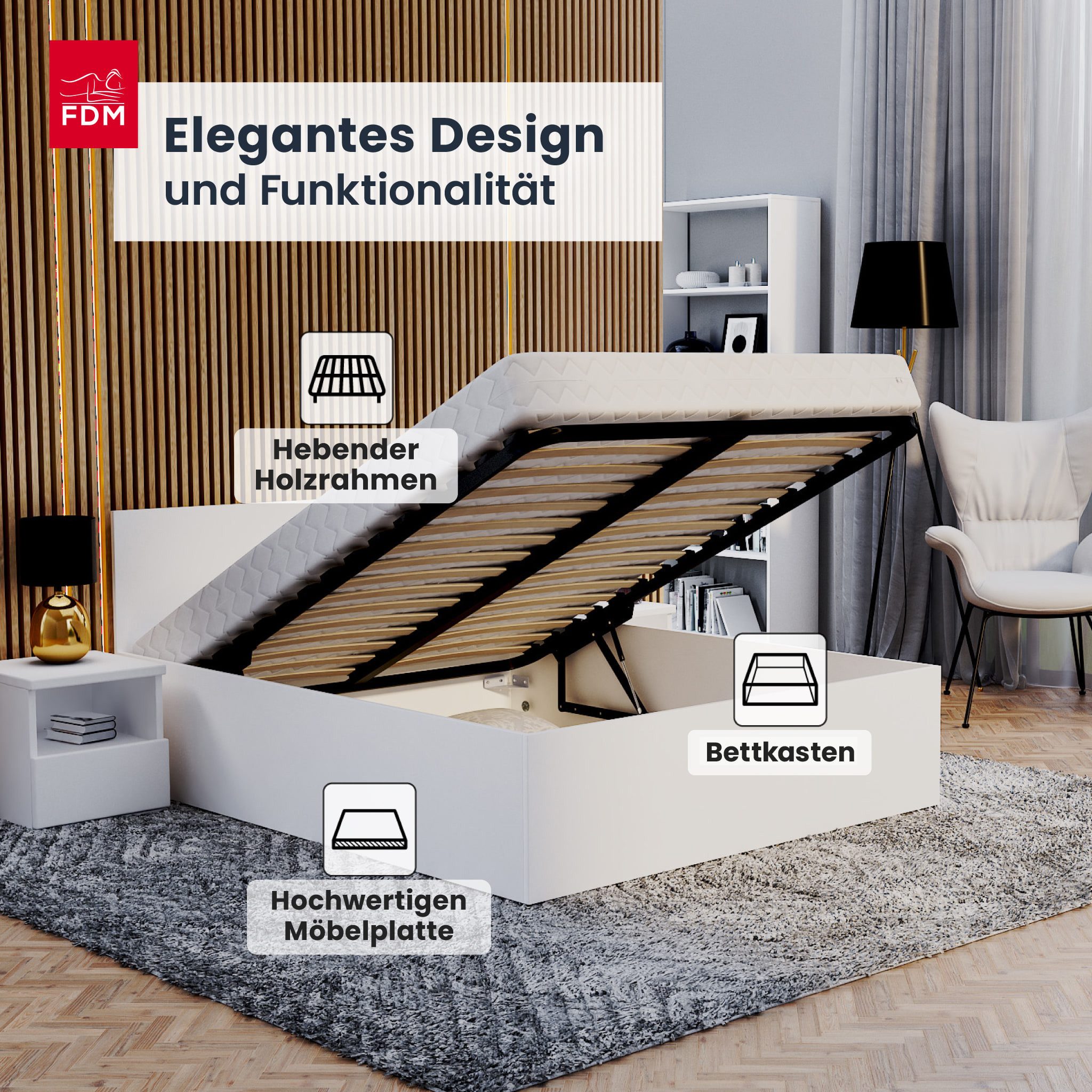 FDM Stauraumbett Bett Stauraumbett PANAMA SP Bettgestell 140x200 & weitere Größen (verfügbar 90x200 120x200 140x200 160x200 180x200cm, Bettrahmen, Bett, mit großen Kopfteil, mit Bettkasten zum aufklappen), mit/ohne Matratze