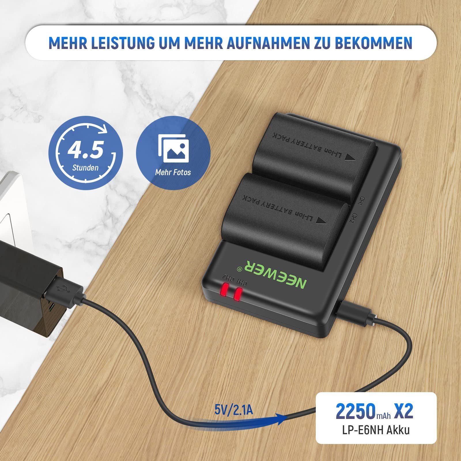 Neewer LP-E6NH Akku+Ladegerät, 2er-Set, kompatibel mit Canon EOS Kamera-Akku D 2250 mAh