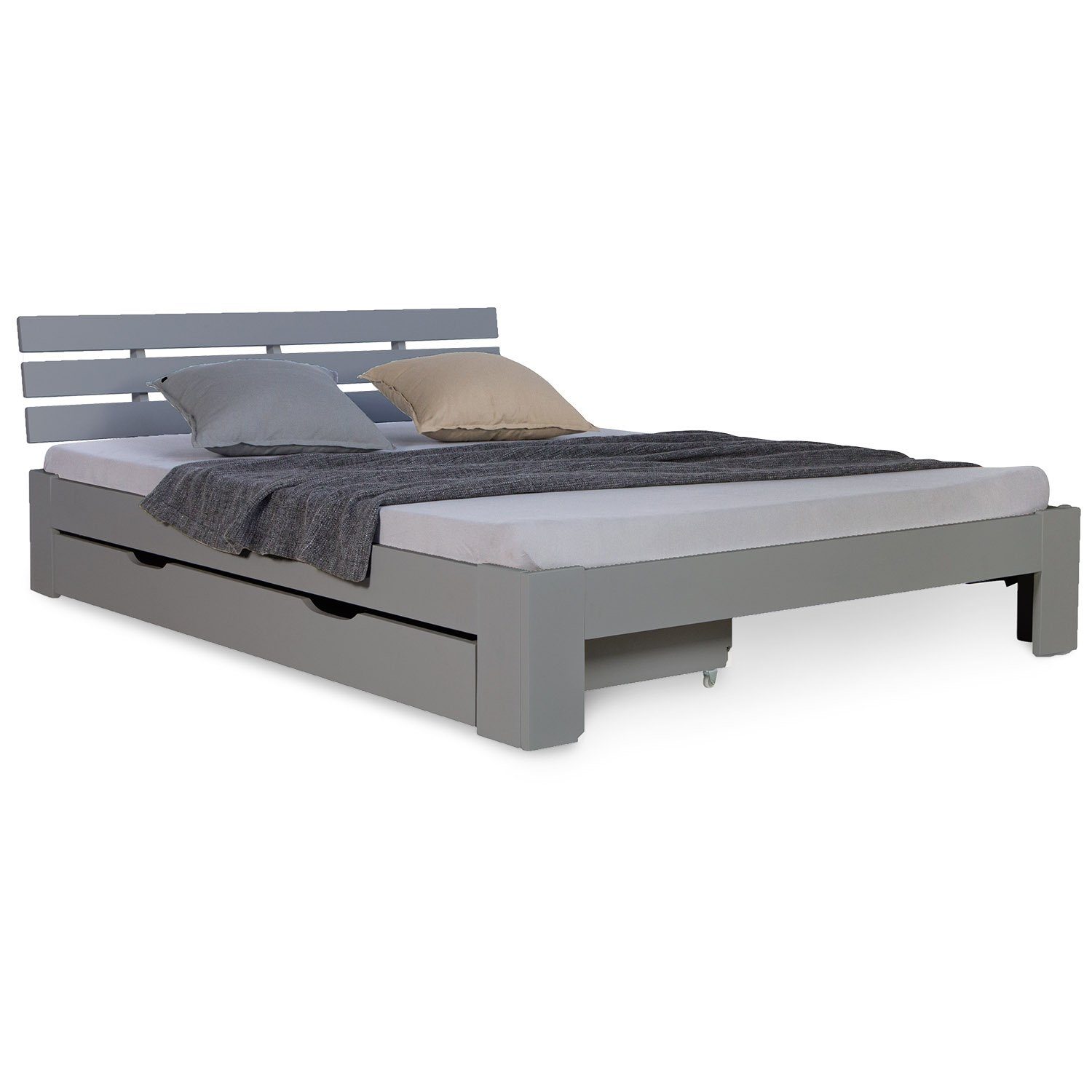 Homestyle4u Holzbett Doppelbett 140x200 cm inkl. Lattenrost und Bettkasten Grau Holz Grau