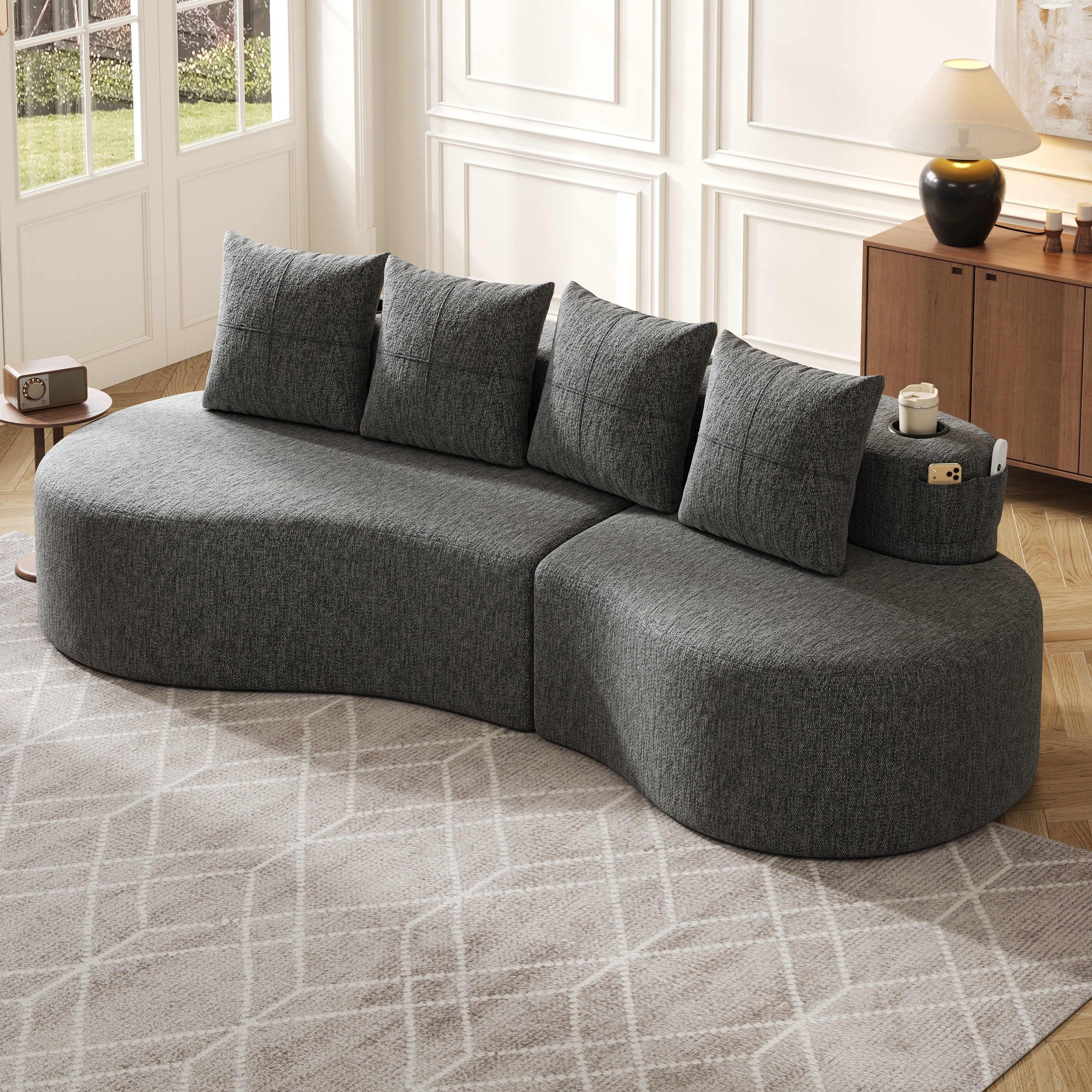 OKWISH Sofa Loungesofa, Leinenstoff-Sofa mit 4 Kissen, Hochdichtschaum und Federfüllung, Seitentasche & Tassenhalter