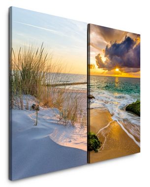 Sinus Art Leinwandbild 2 Bilder je 60x90cm Strand feiner Sand Meer Horizont Sonnenuntergang Sommer Urlaub