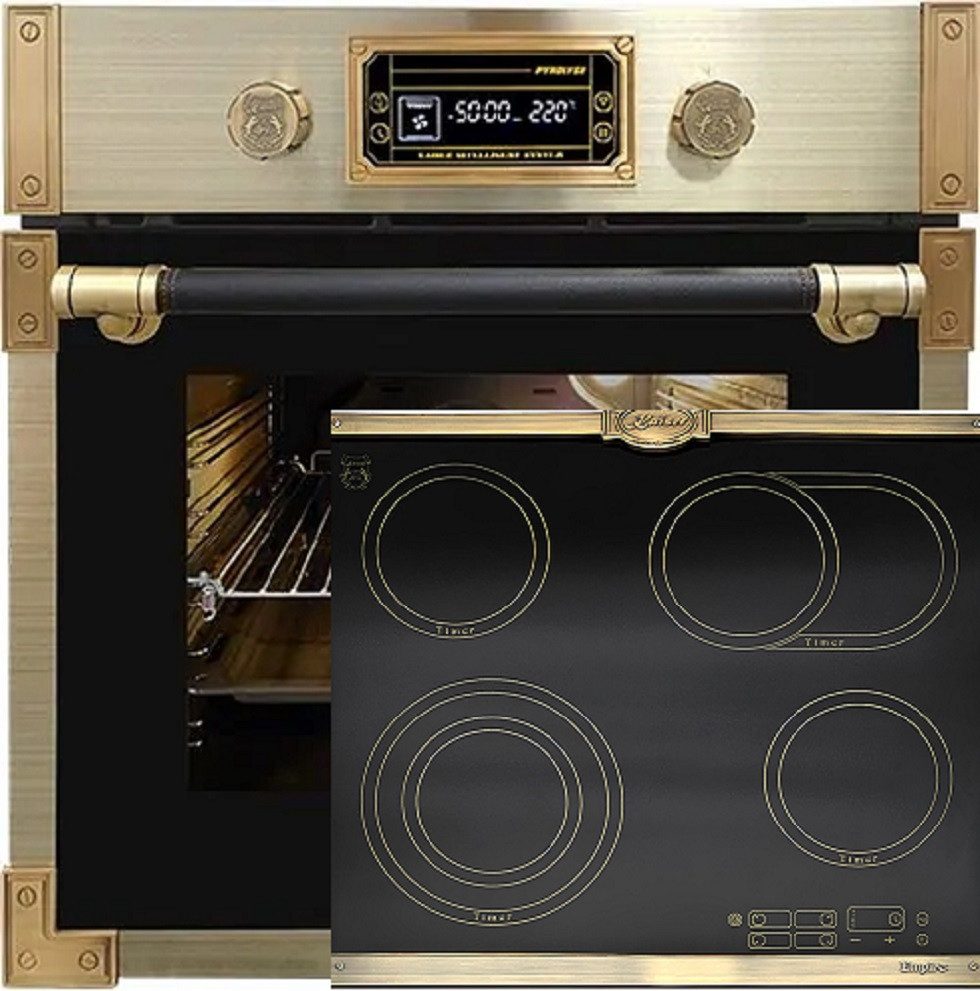 Kaiser Küchengeräte Backofen-Set Herd Set Autark Retro Einbau Backofen Elektro, 73 L mit Glaskeramik Kochfeld 60 cm Einbau Herd 4 QuickHeat-Kochzonen Hi-Light Schwarz EH 6427 AD+KCT 6185 Em .., mit 1-fach-Teleskopauszug, Pyrolyse-Selbstreinigung