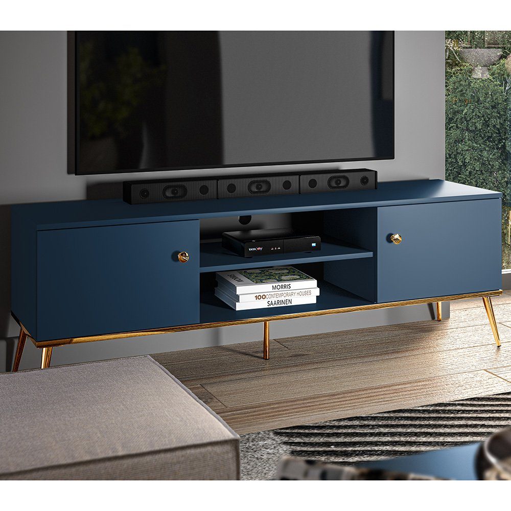 Lomadox Wohnwand MONTPELLIER-131, (3-St), dunkelblau, inkl. LED-Beleuchtung, Füße & Griffe goldfarben