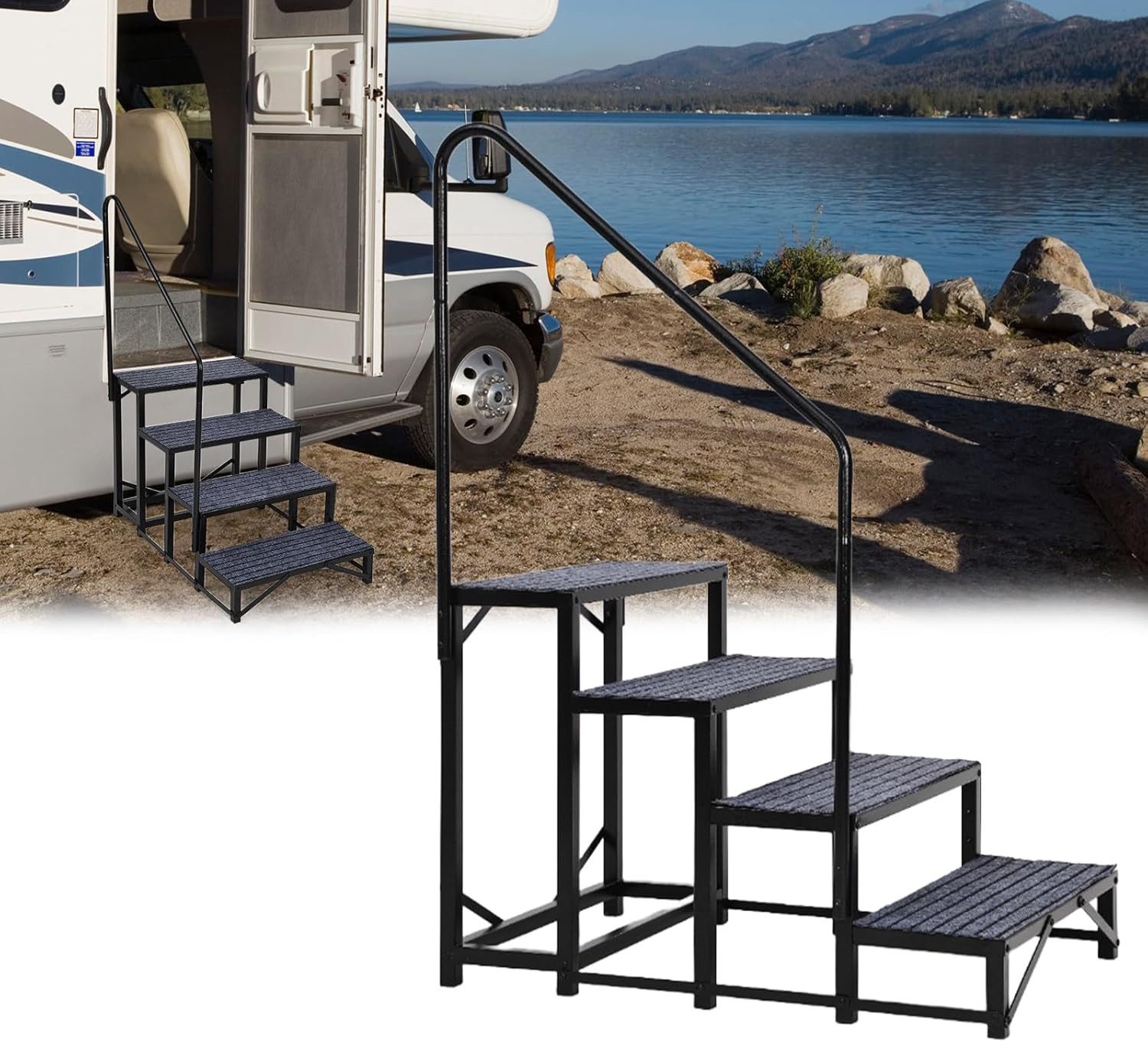 GarveeMore Treppenstufe mit Handlauf,Tragkraft 300 kg,rutschfeste Matten,Tragbare Trittleiter, für Wohnwagen, Camper, Whirlpool, Pool, Veranda, Haustiere