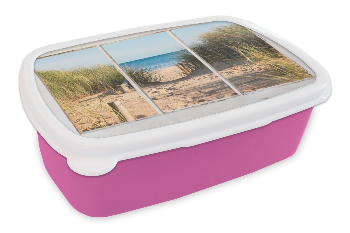 rosa (2-tlg), - - Mädchen, Meer, MuchoWow Lunchbox Snackbox, Brotdose Aussicht Kunststoff Strand Erwachsene, Kunststoff, Kinder, für Brotbox